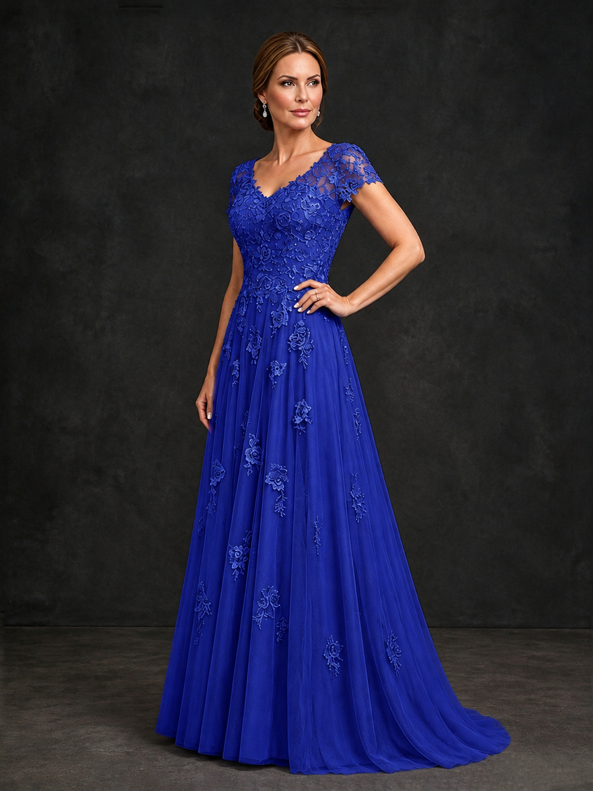 BOLODOO Royal Blue Cap Sleeve Lace Appliqué A-Line Formal Gown | Mother of the Bride Dress - Royal Blue - Royal Blue_3