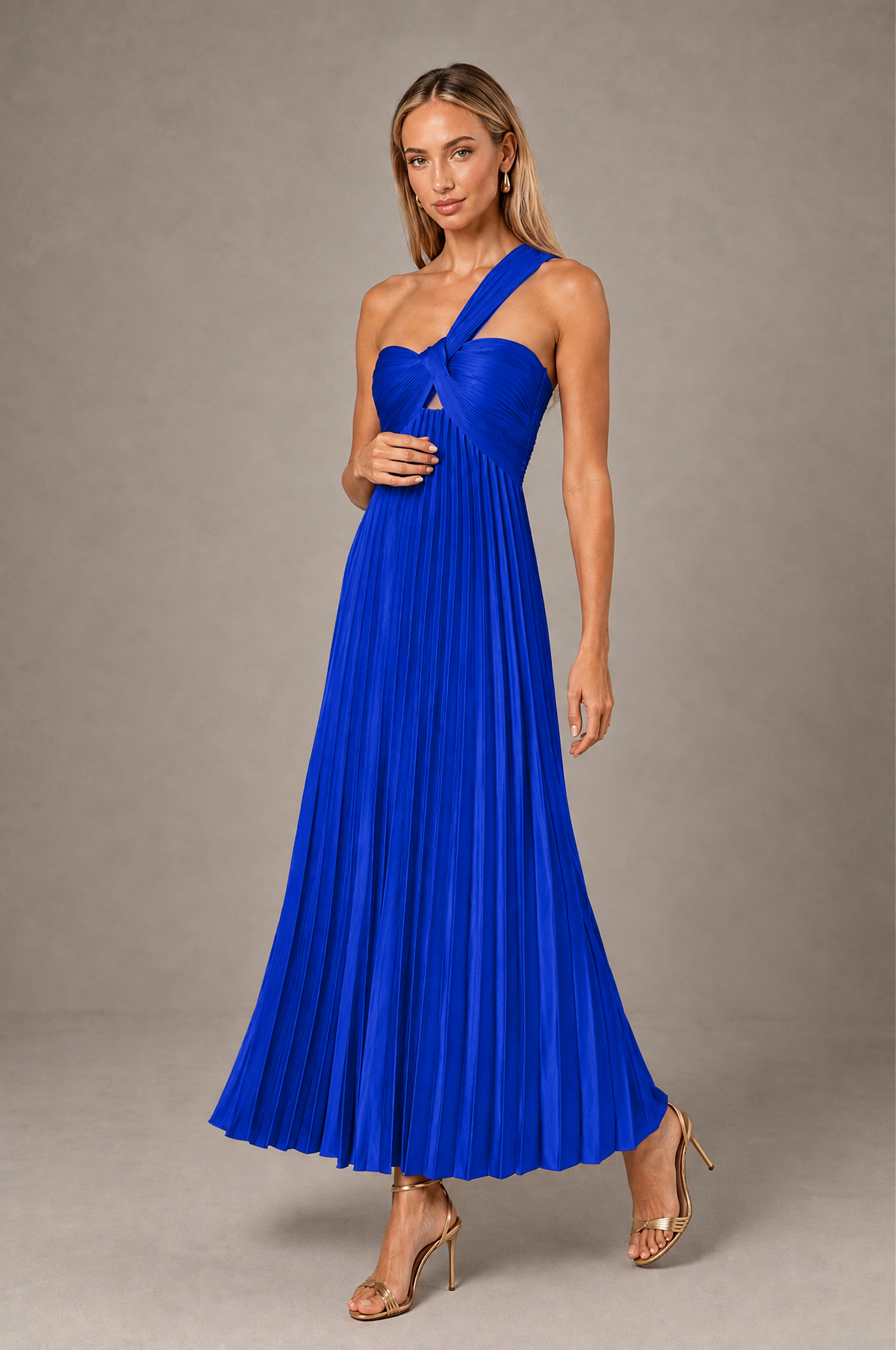 BOLODOO Royal Blue One-Shoulder Twist Knot Pleated Satin Midi Dress with Cutout - Royal Blue - Royal_Blue_3