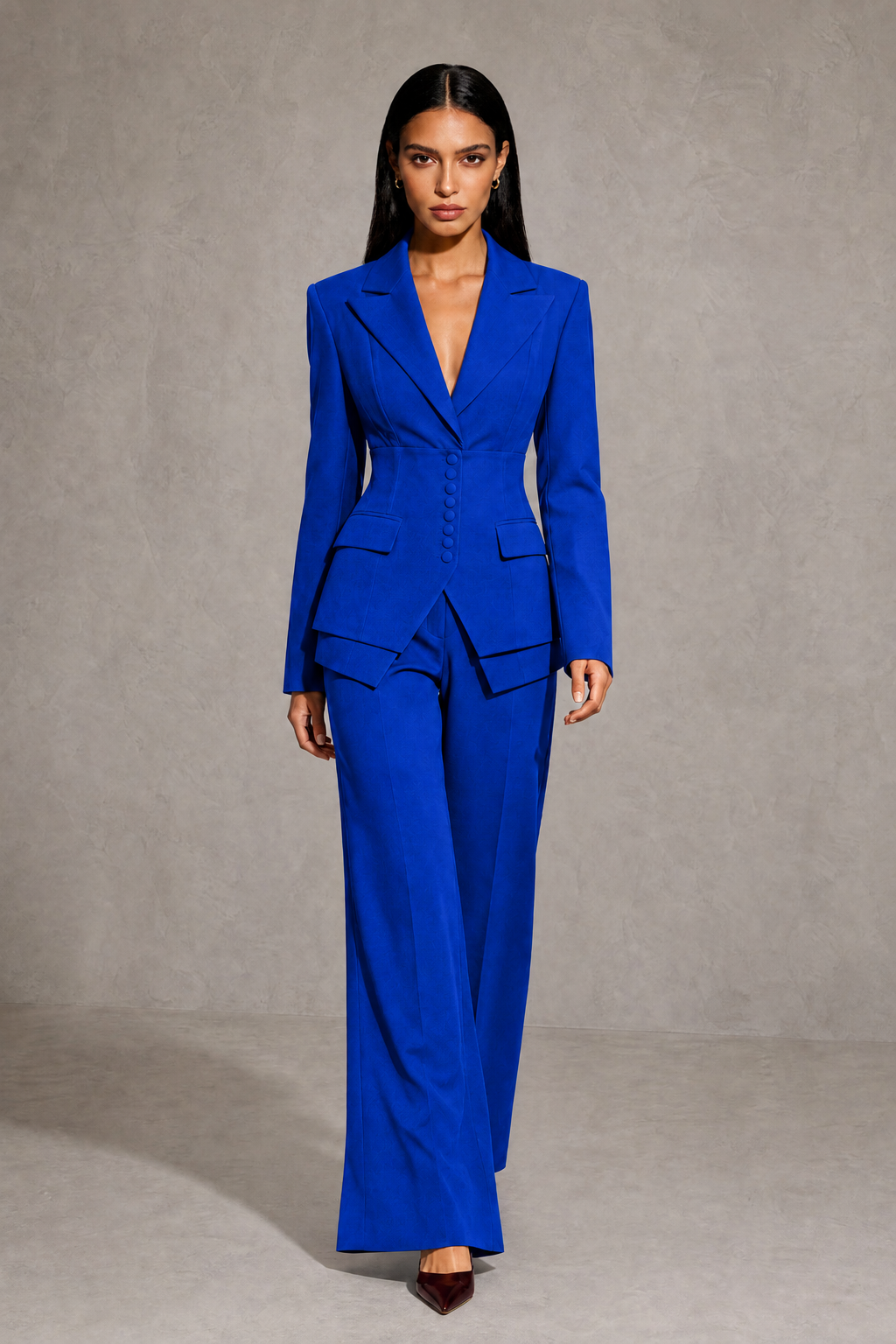 BOLODOO Royal Blue Cinched Waist Blazer and Wide Leg Pants Two Piece Suit Set - Royal Blue