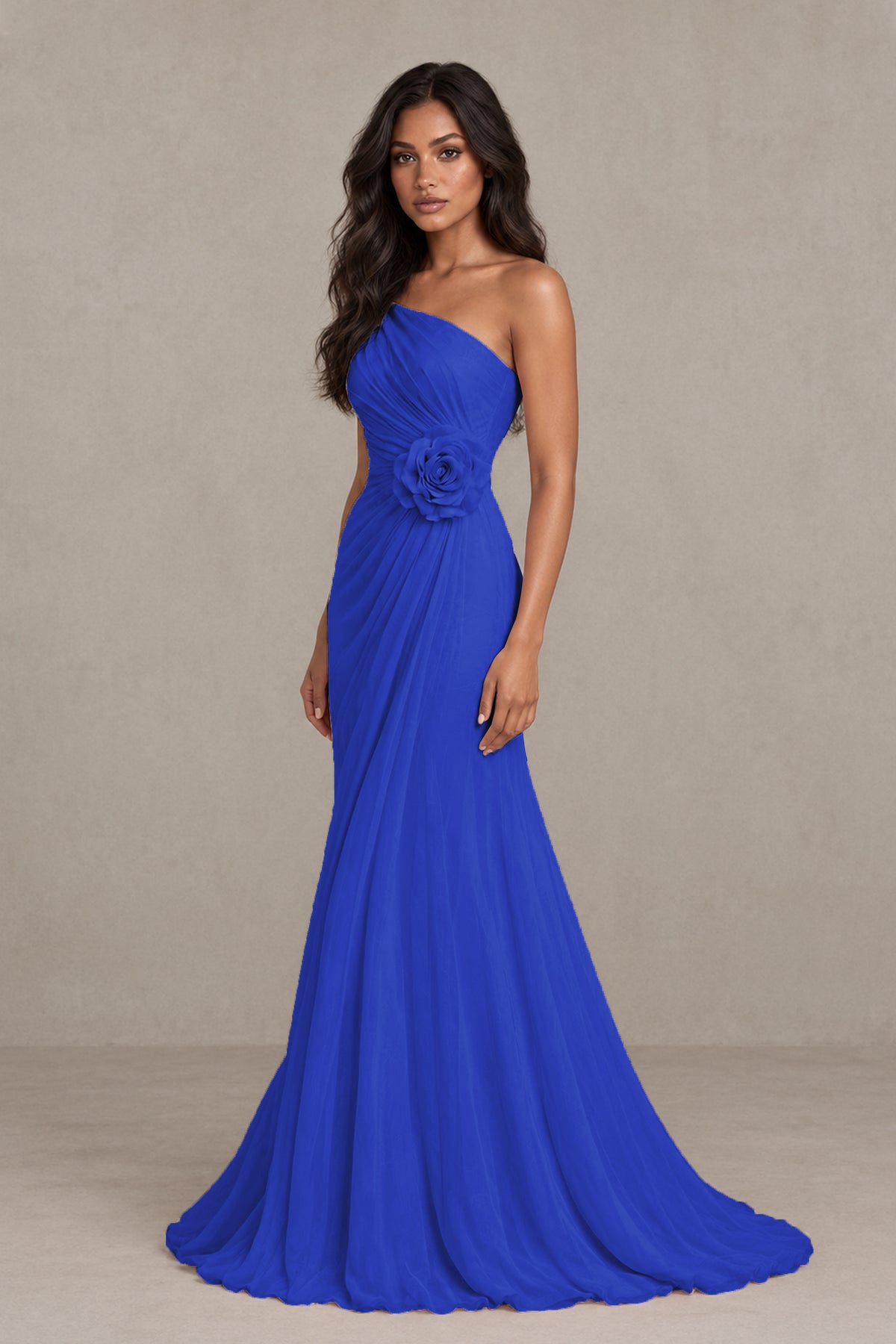 BOLODOO Royal Blue One-Shoulder Floral Ruched Maxi Dress - Royal Blue