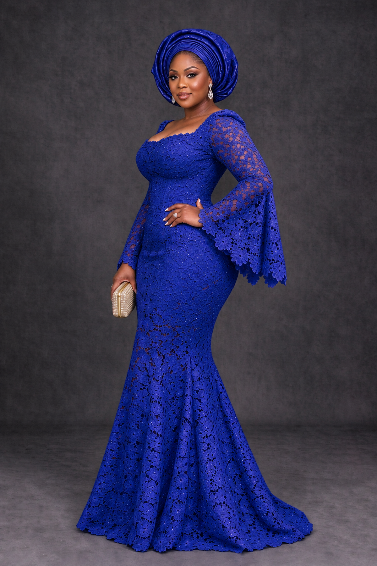 BOLODOO Royal Blue African Lace Mermaid Dress, Plus Size Nigerian Wedding Guest Gown with Bell Sleeves - Royal Blue - Royal Blue_3