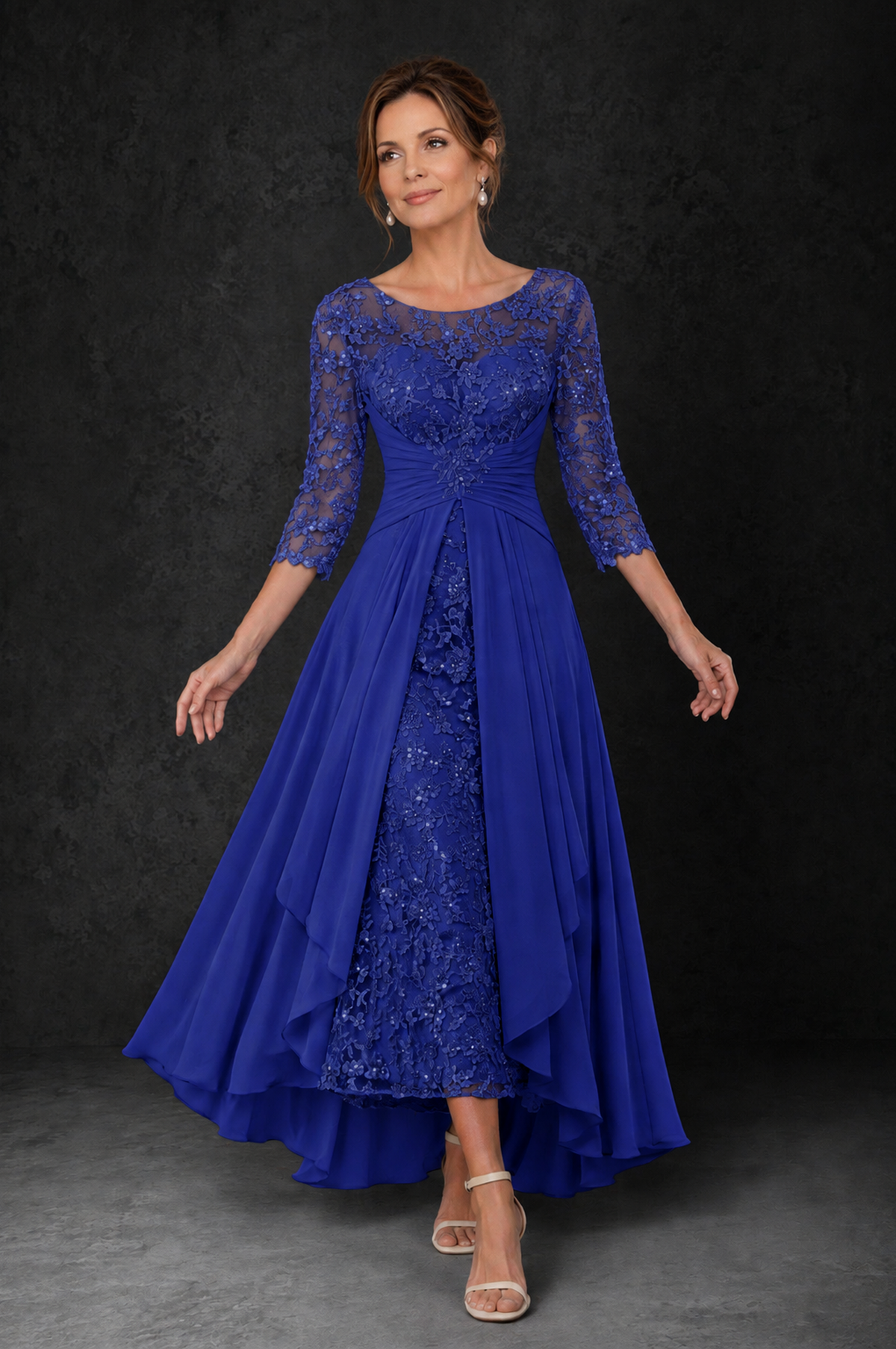 BOLODOO Royal Blue Sequin Lace & Chiffon Tea-Length Mother of the Bride Dress with 3/4 Sleeves - Royal Blue