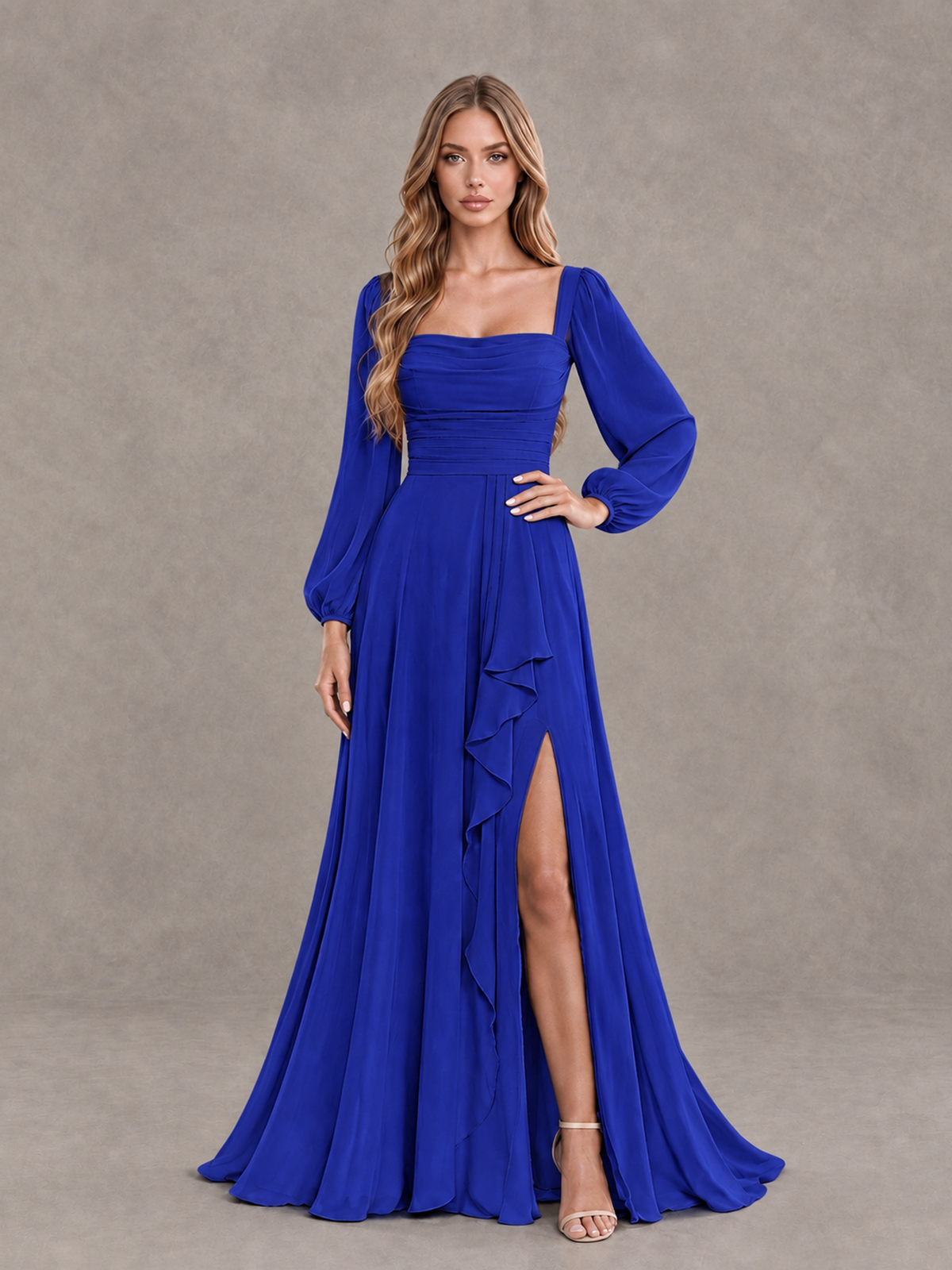 BOLODOO Royal Blue Square Neck Long Sleeve Bridesmaid Dress with Ruffle Slit - Royal Blue - Royal Blue_3