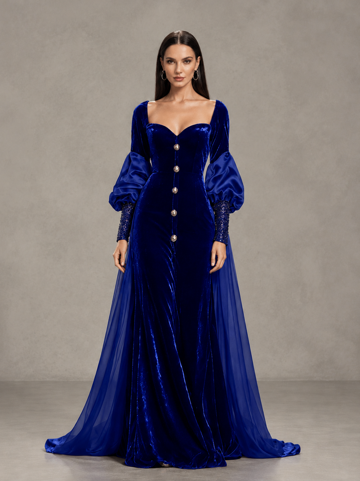 BOLODOO Royal Blue Velvet Long Sleeve Open-Back Evening Gown - Royal Blue - Royal Blue_3