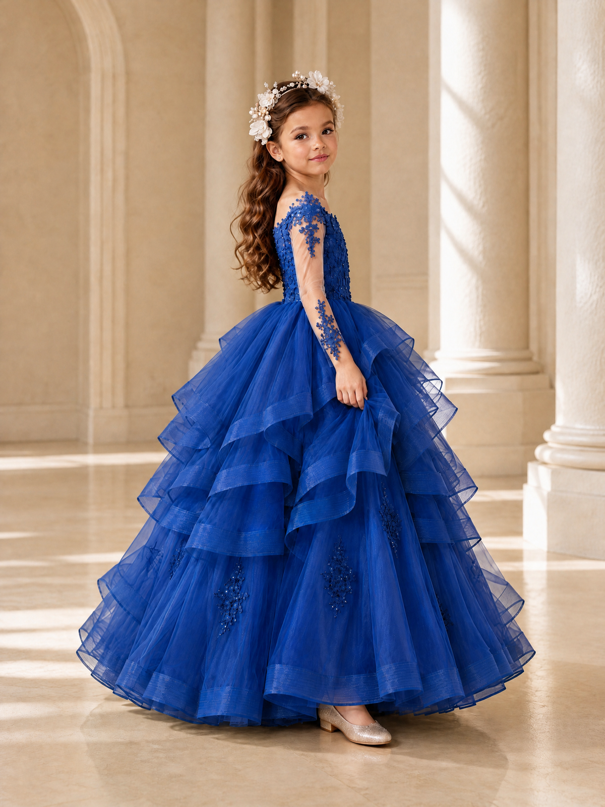 BOLODOO Royal Blue Lace Long Sleeve Tiered Flower Girl Dress - Royal Blue - Royal_Blue_3