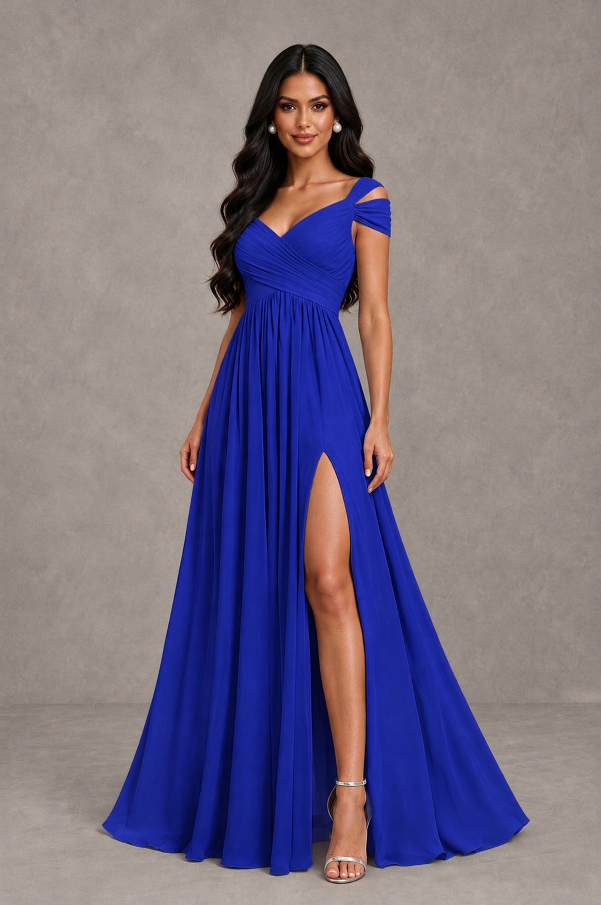 BOLODOO Royal Blue Cold Shoulder Chiffon Evening Dress with V Neck and High Slit - Royal Blue - Royal Blue_3