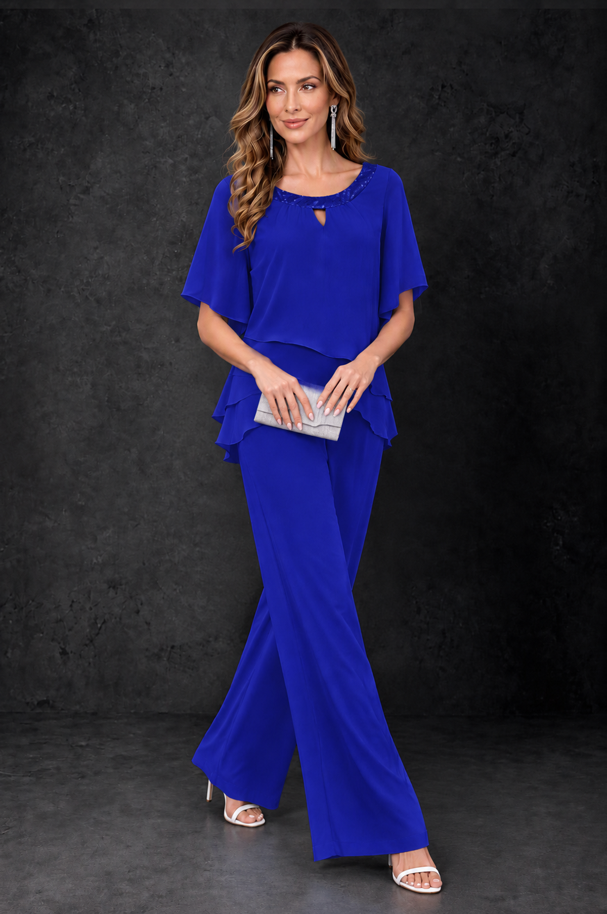 BOLODOO Royal Blue Layered Chiffon-Look Mother of the Bride Pantsuit - Royal Blue - Royal_Blue_3