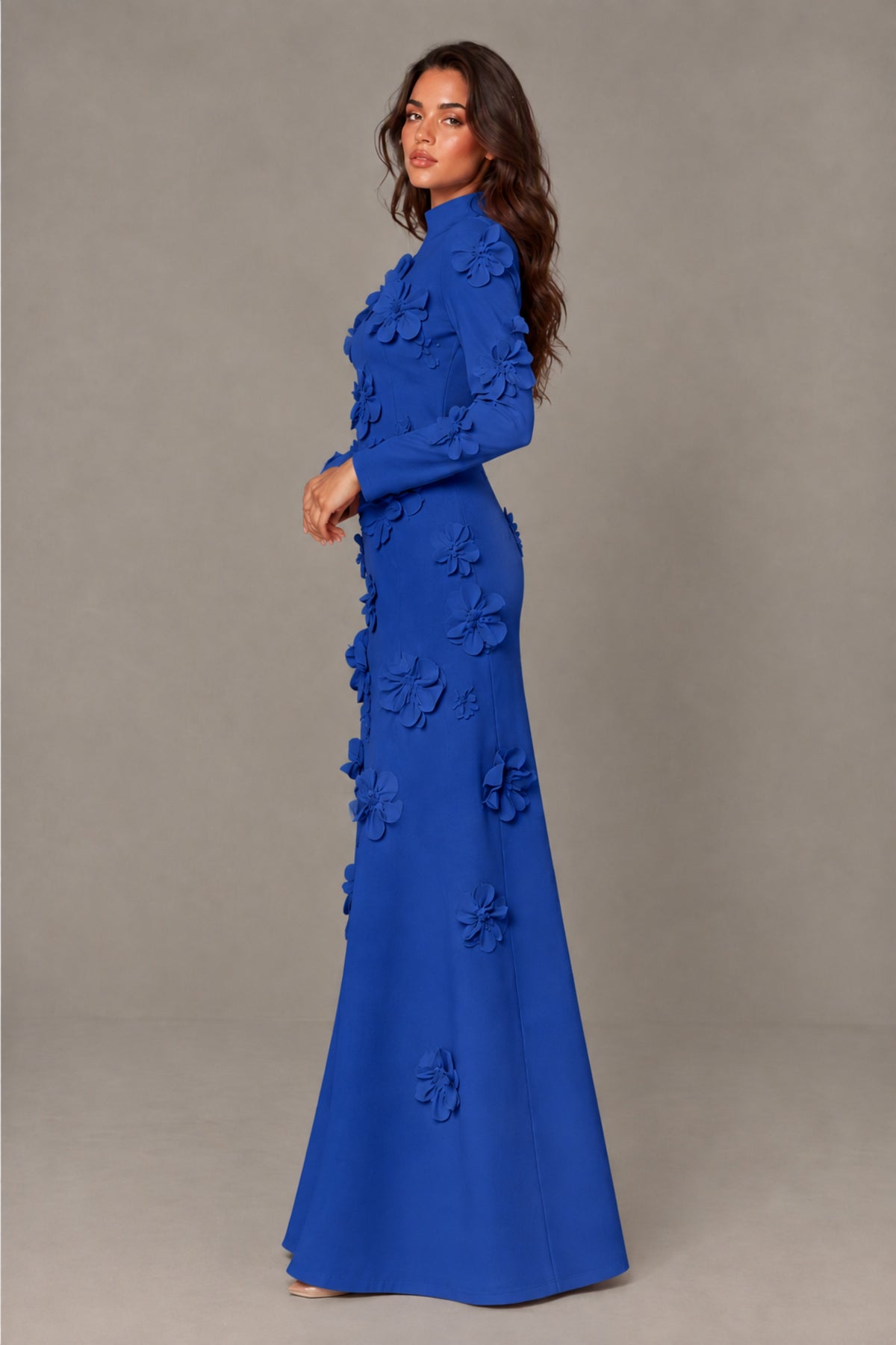 BOLODOO Royal Blue High Neck Long Sleeve 3D Floral Evening Gown - Royal Blue
