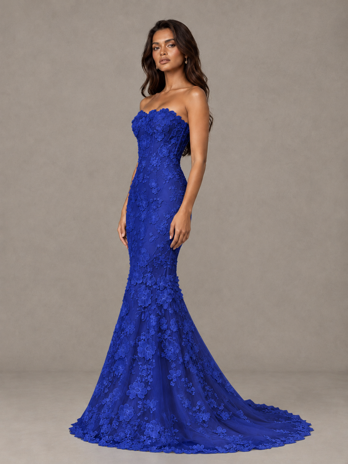 BOLODOO Royal Blue Strapless 3D Floral Lace Mermaid Prom Dress with Train - Royal Blue - Royal Blue_3