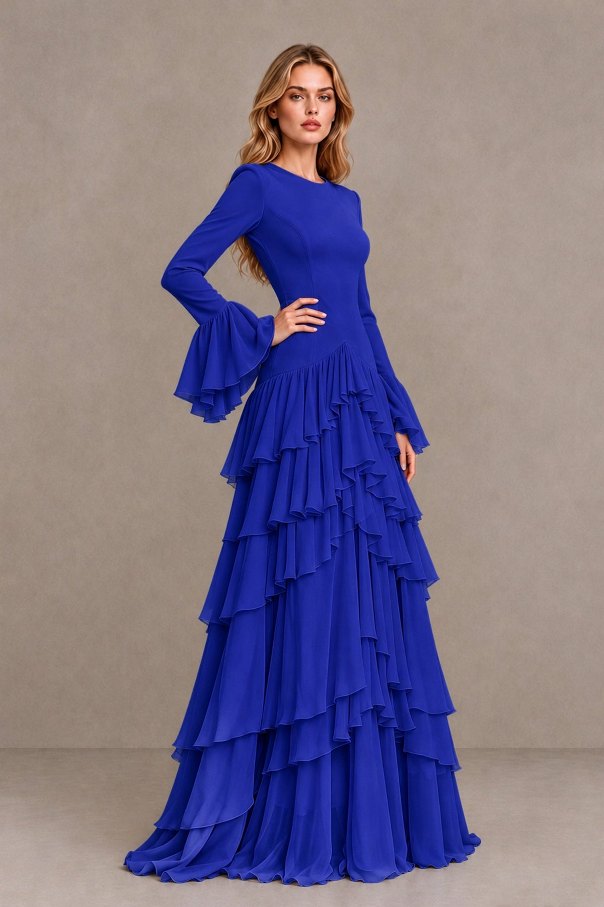Royal Blue Long Sleeve Tiered Ruffle Evening Gown - Royal Blue - Royal Blue_3