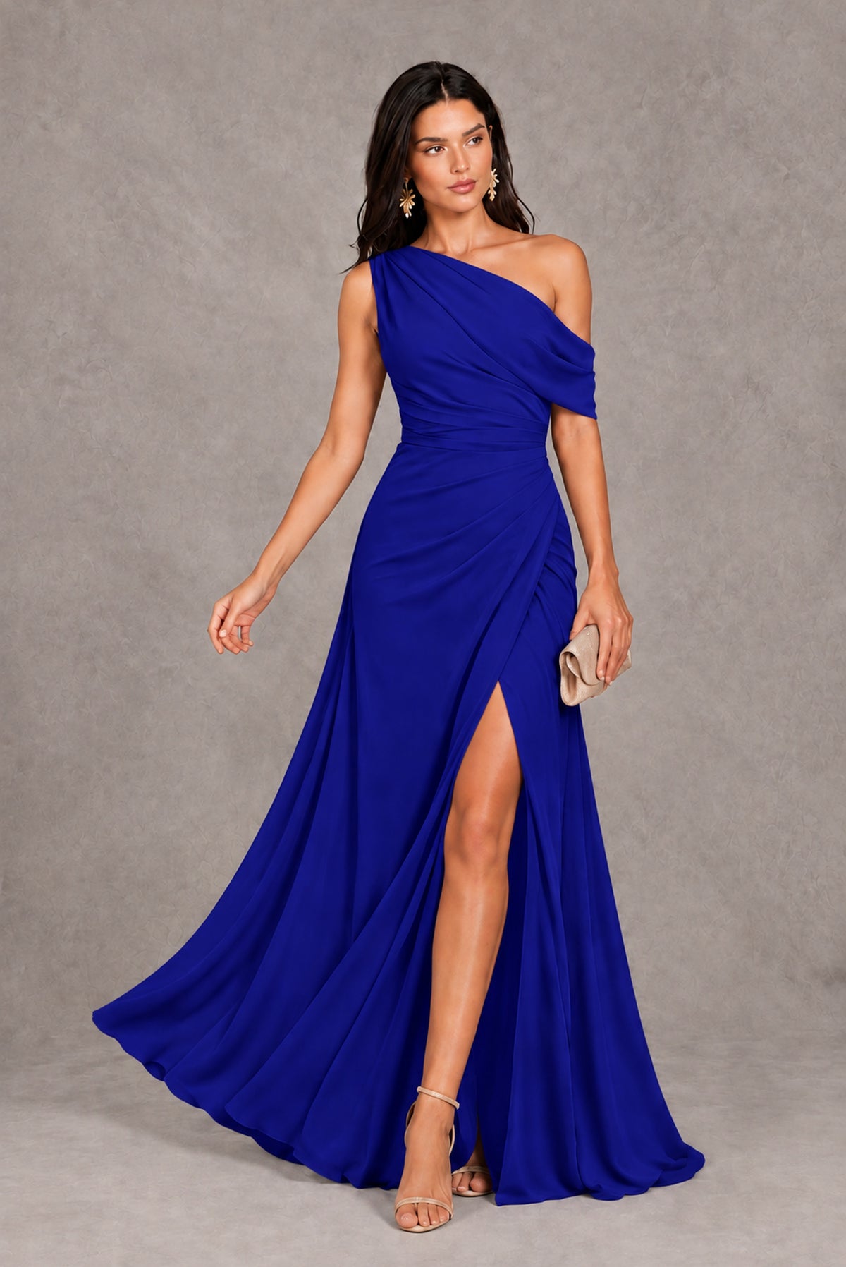 Royal Blue One-Shoulder Floor-Length Evening Gown with High Slit - Royal Blue