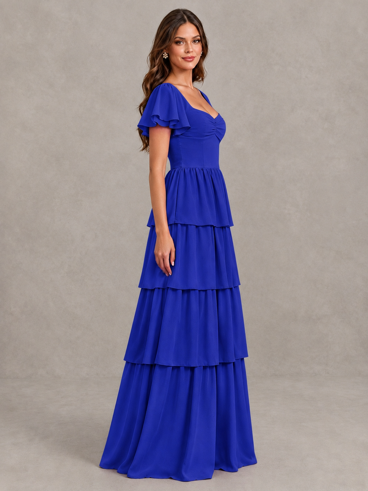 BOLODOO Royal Blue Flutter Sleeve Tiered Maxi Bridesmaid Dress - Royal Blue - Royal Blue_3