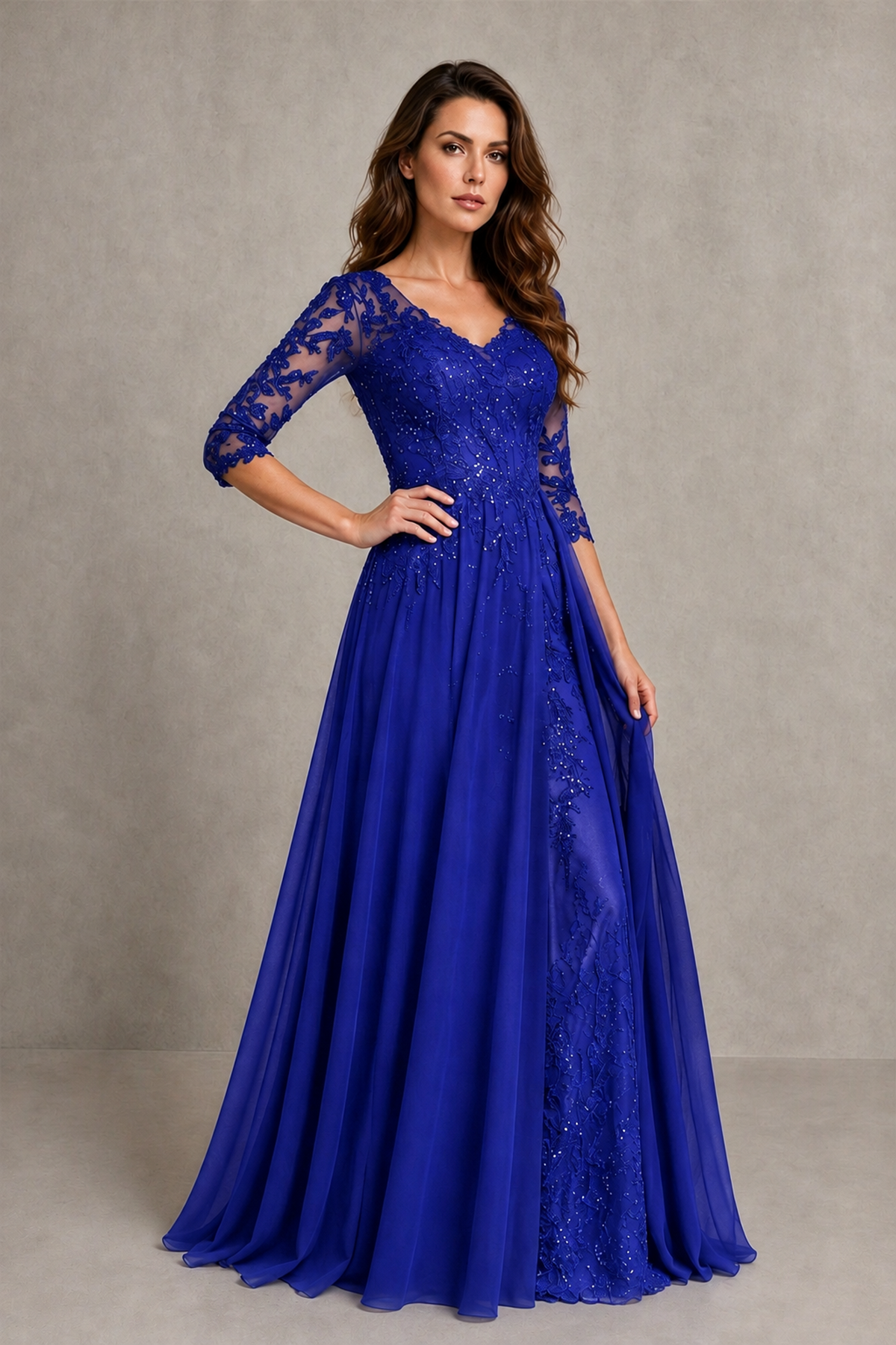BOLODOO Midnight Royal Blue Beaded Lace Appliqué Chiffon A-Line Gown | Mother of the Bride & Formal Evening Dress - Royal Blue - Royal Blue_3