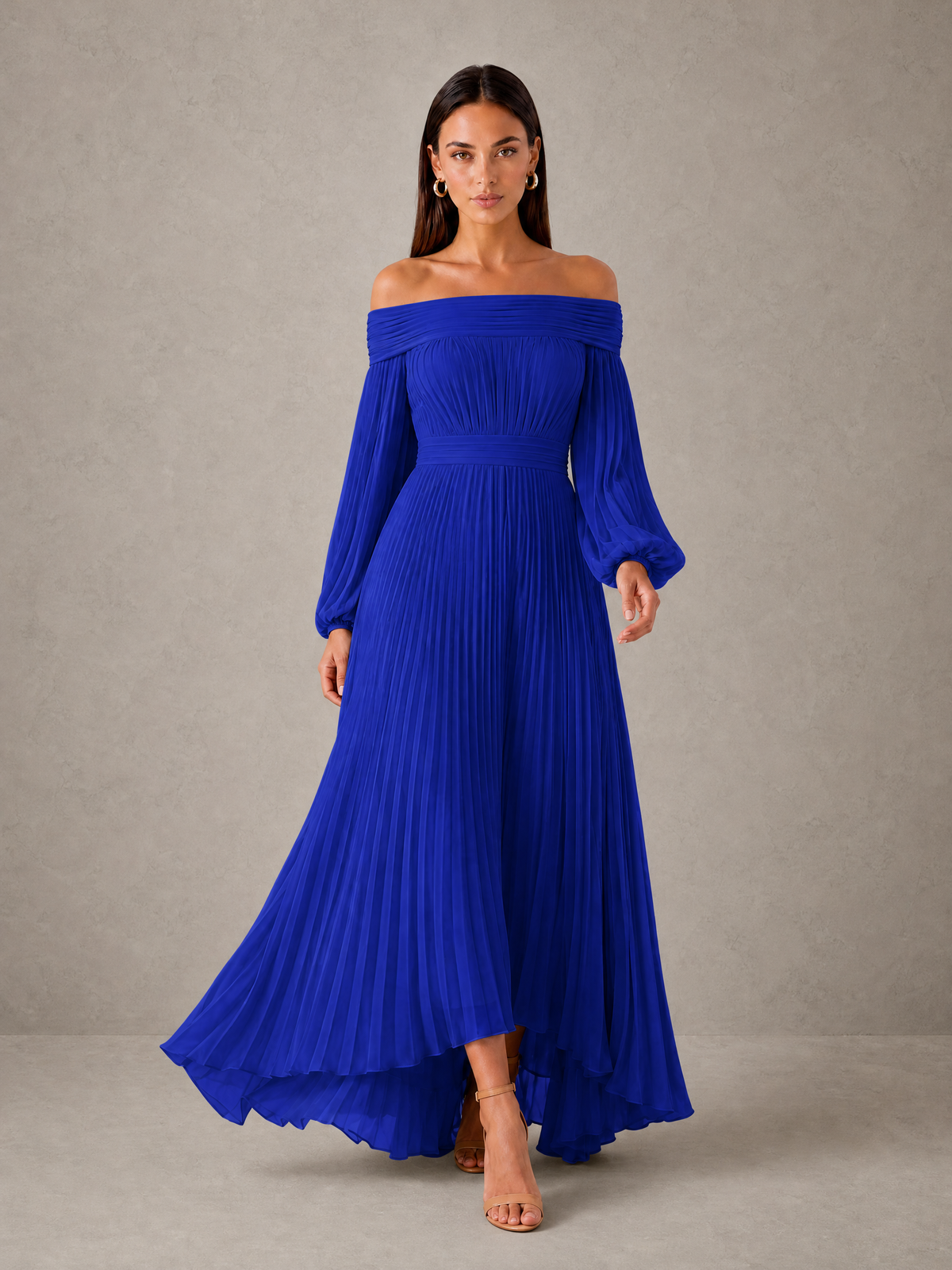 BOLODOO Royal Blue Off-Shoulder Long Sleeve Pleated High-Low Dress - Royal Blue - Royal_Blue_3