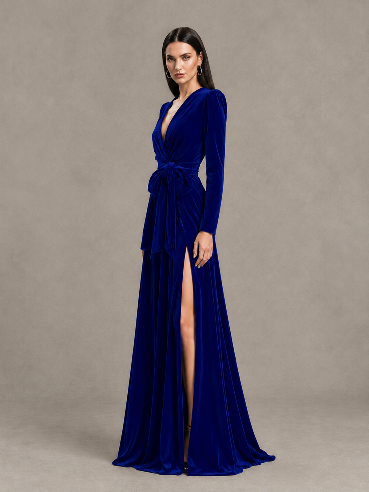 BOLODOO Royal Blue Long Sleeve Velvet-Look Evening Dress with High Slit - Royal Blue - Royal Blue_3