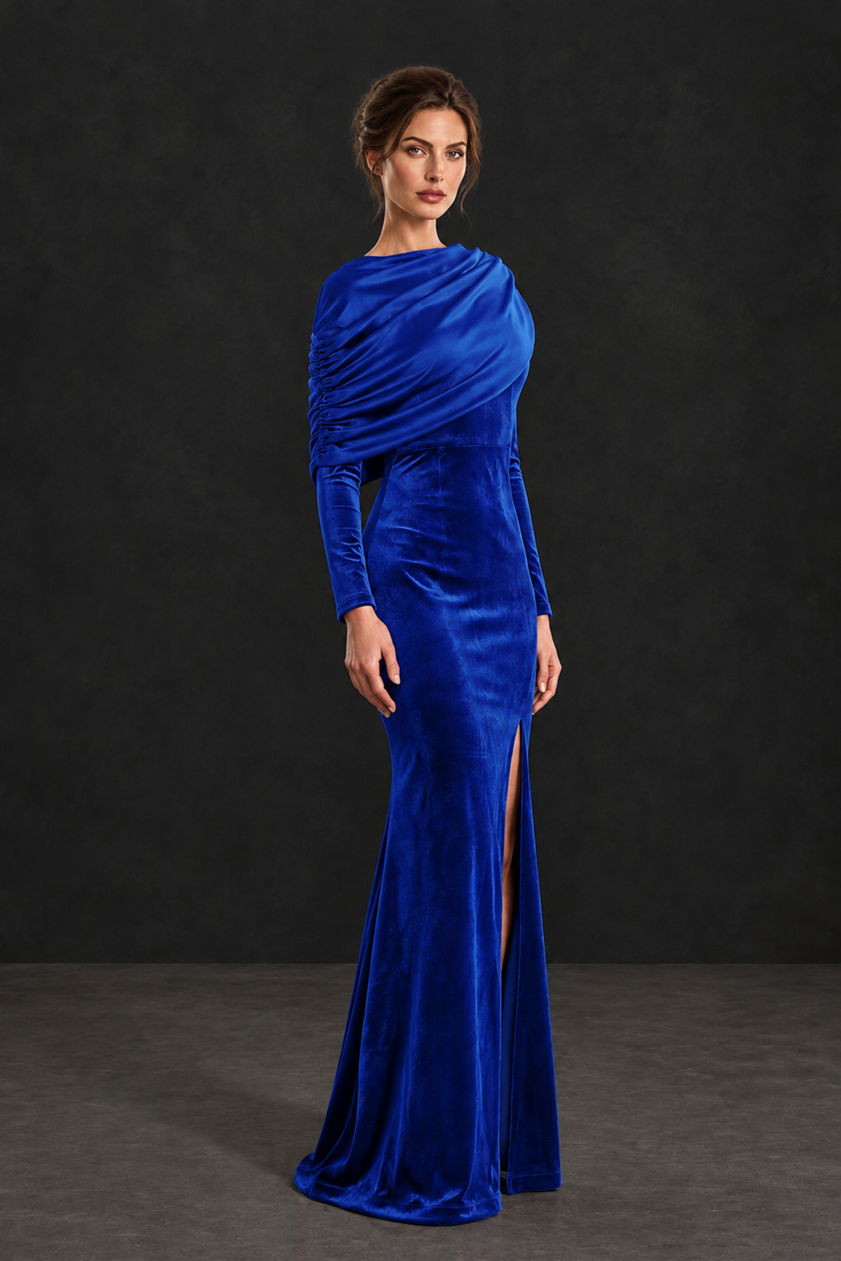 BOLODOO Royal Blue Velvet Long Sleeve Draped Mother of the Bride Dress - Royal Blue - Royal_Blue_3