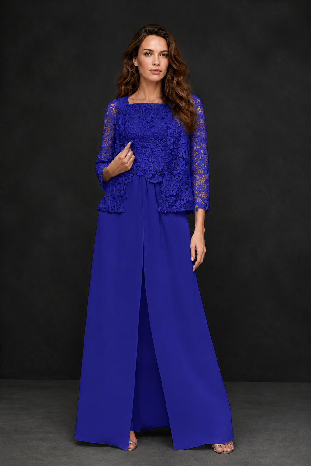 BOLODOO Royal Blue Grey Lace Peplum Top & Wide-Leg Chiffon Pants Set | Mother of the Bride & Formal Evening Outfit - Royal Blue