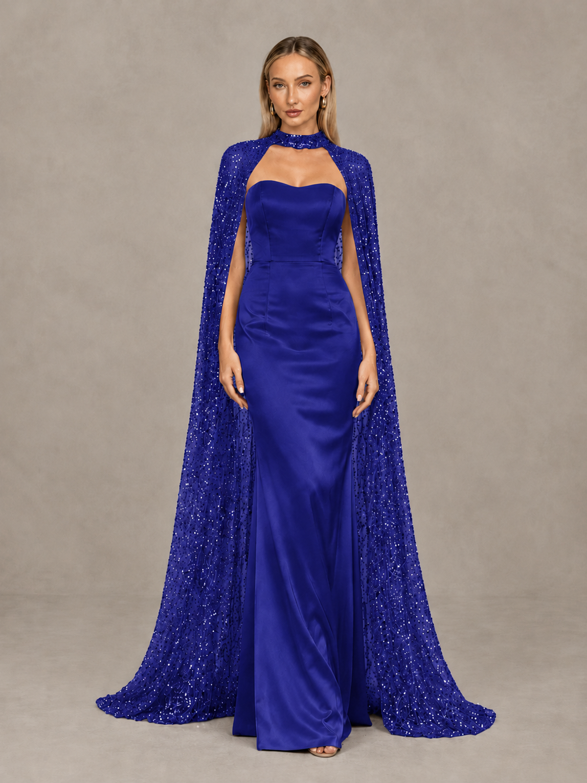 BOLODOO Royal Blue Strapless Satin-Look Evening Gown with Sequin Cape - Royal Blue - Royal_Blue_3