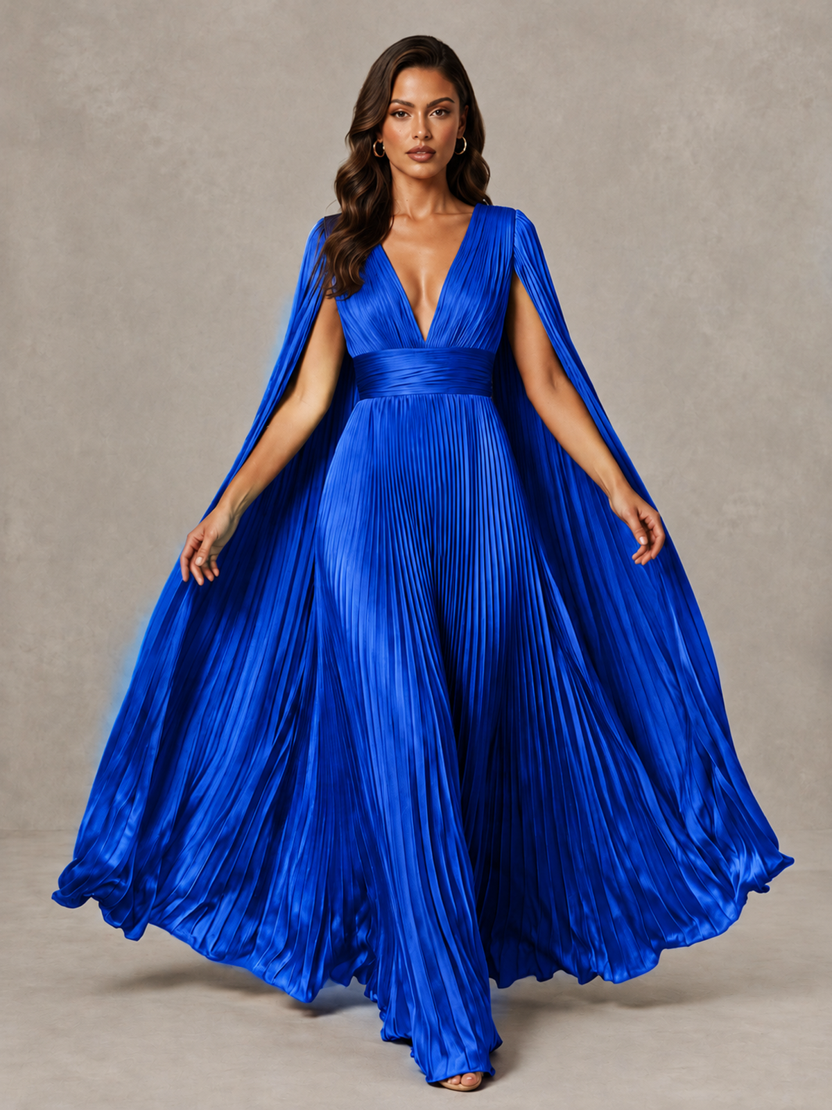 BOLODOO Royal Blue Deep V-Neck Pleated Cape Sleeve Evening Gown - Royal Blue - Royal Blue_3