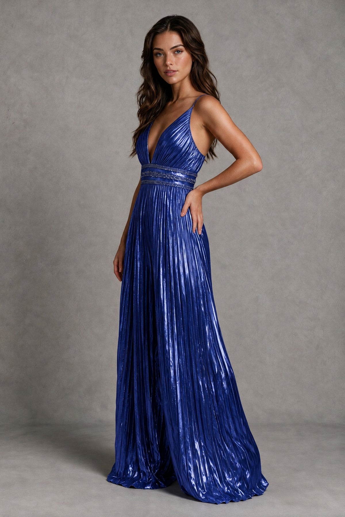 BOLODOO Royal Blue Pleated Wide-Leg Jumpsuit with Open Back - Royal Blue