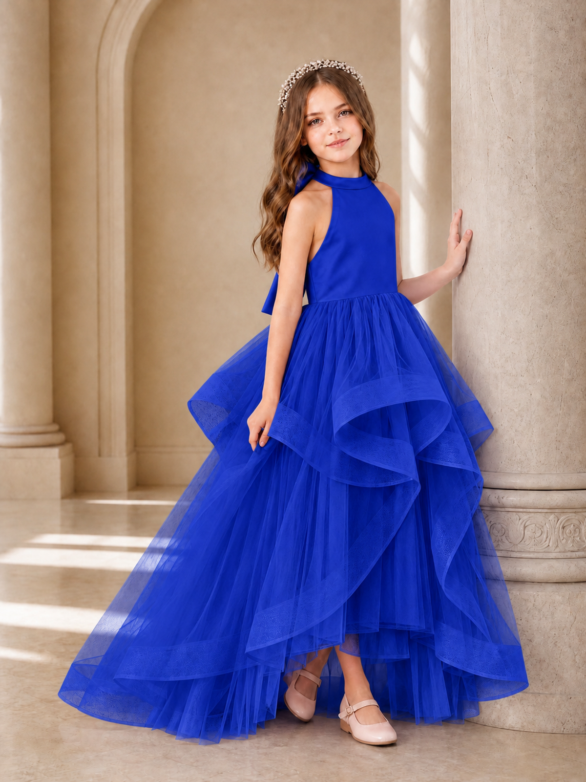 BOLODOO Royal Blue Halter Tiered Tulle Flower Girl Dress with Bow Back - Royal Blue - Royal Blue_3
