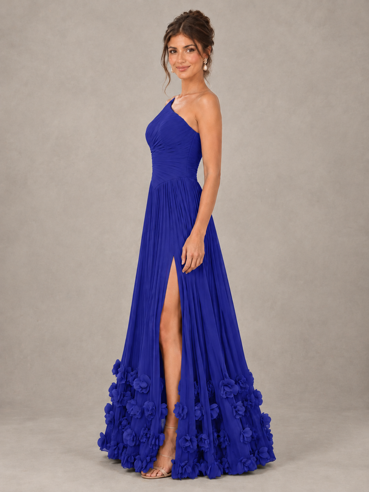 BOLODOO Royal Blue One-Shoulder Pleated Bridesmaid Dress with 3D Floral Hem - Royal Blue - Royal Blue_3