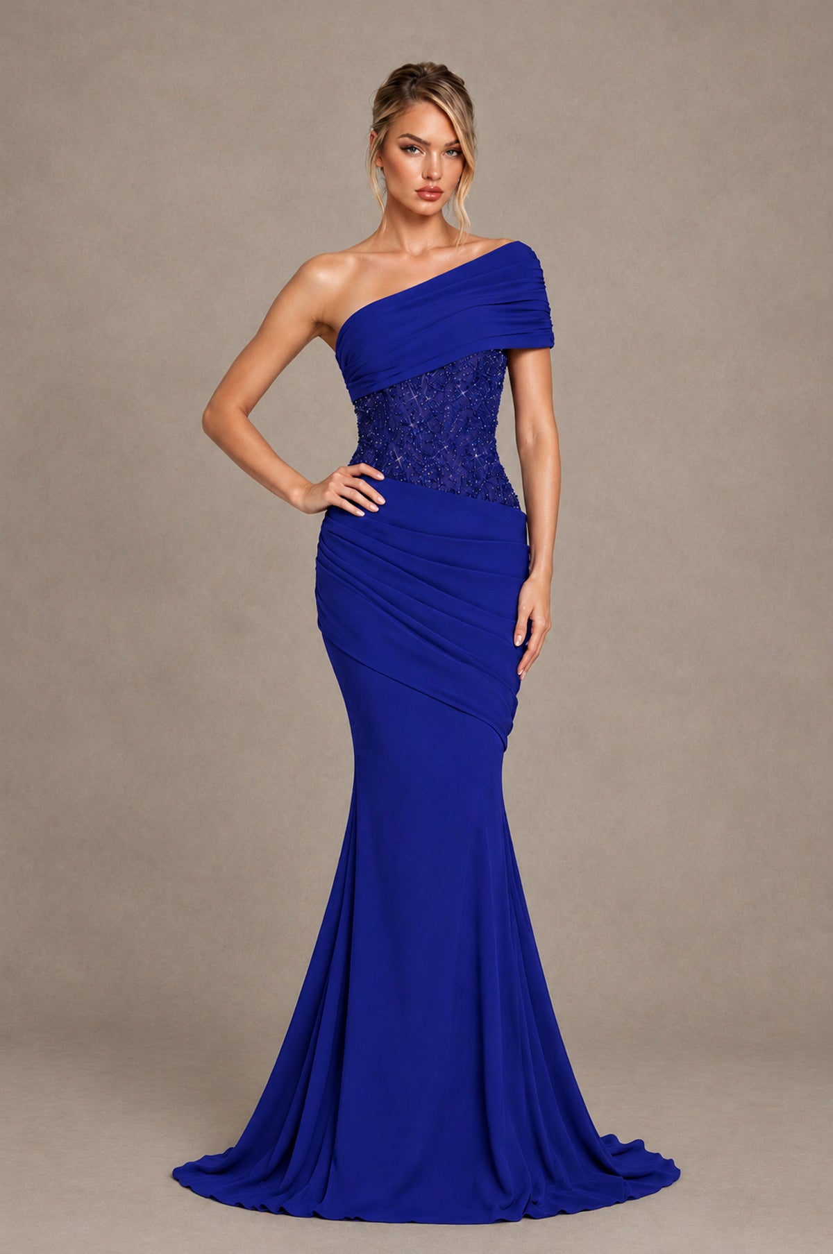 BOLODOO Royal Blue One-Shoulder Sequin Embroidered Ruched Mermaid Gown with Train - Royal Blue - Royal Blue_3