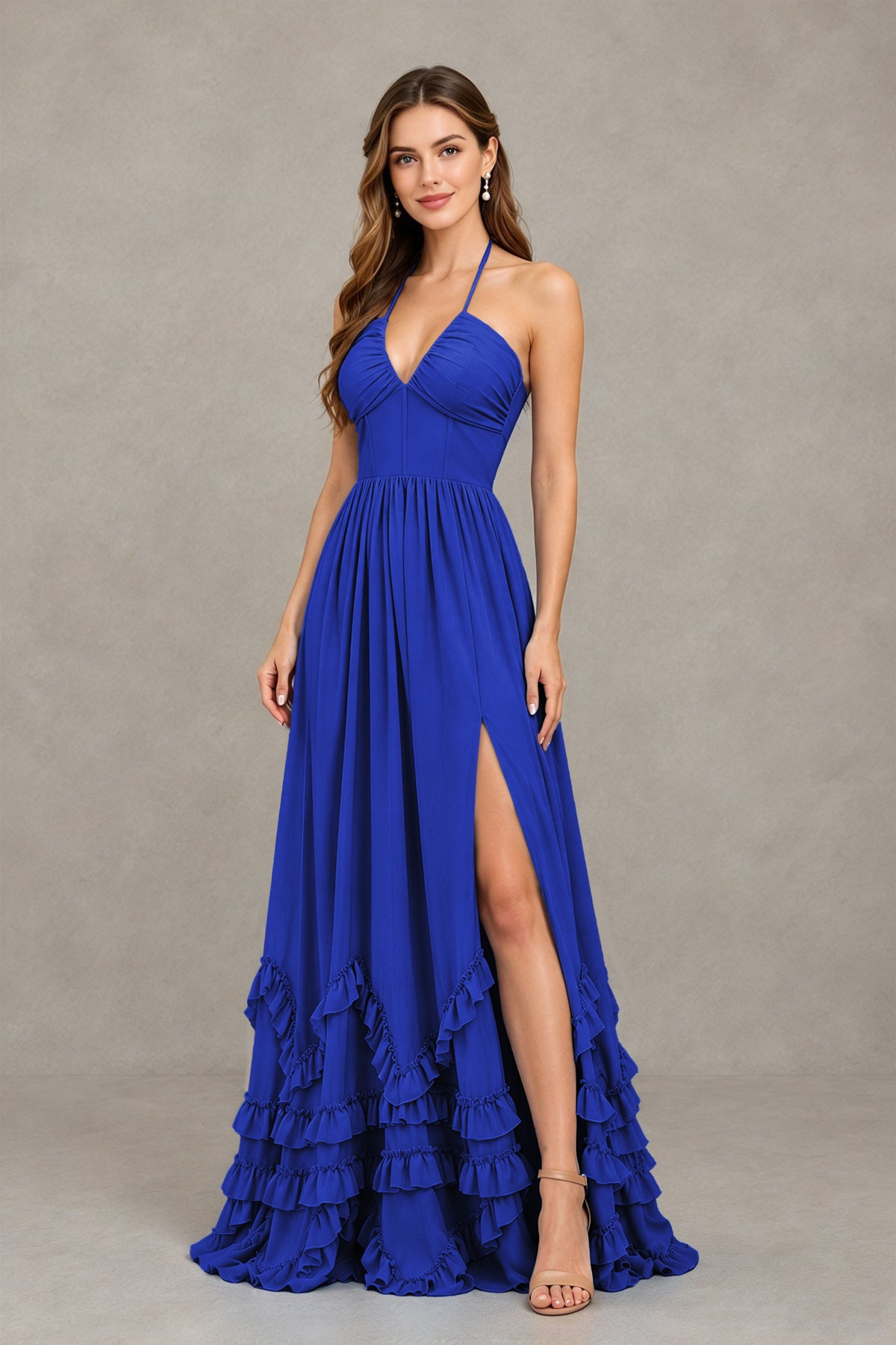 BOLODOO Royal Blue Halter Ruffle Hem A-Line Bridesmaid Dress with High Slit - Royal Blue - Royal Blue(3)