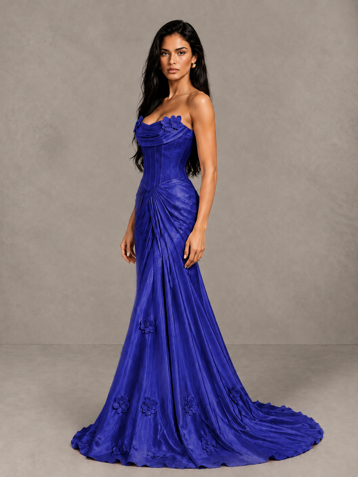 BOLODOO Royal Blue Strapless Floral Corset Evening Gown with Train - Royal Blue - Royal Blue_3