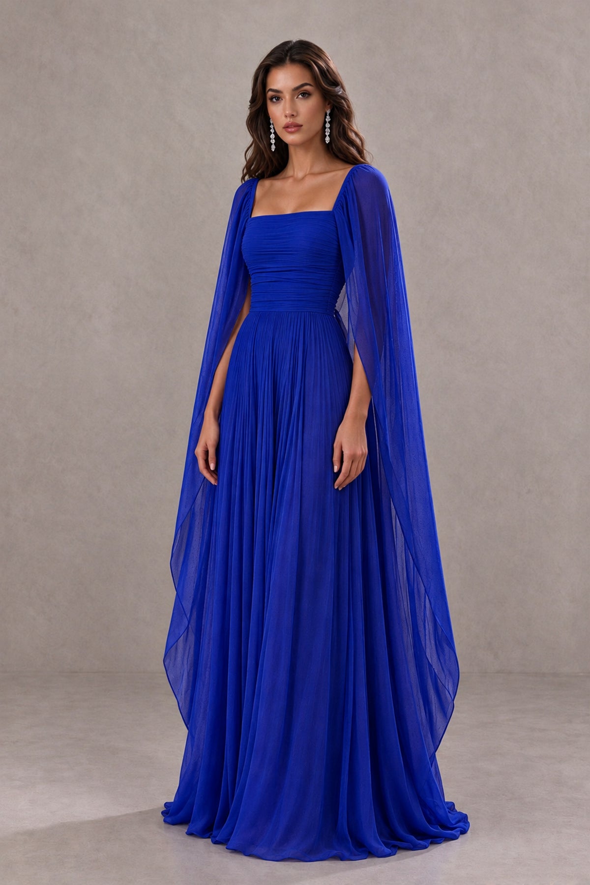 BOLODOO Royal Blue Square Neck Cape Sleeve A-Line Evening Dress - Royal Blue - Royal_Blue_3