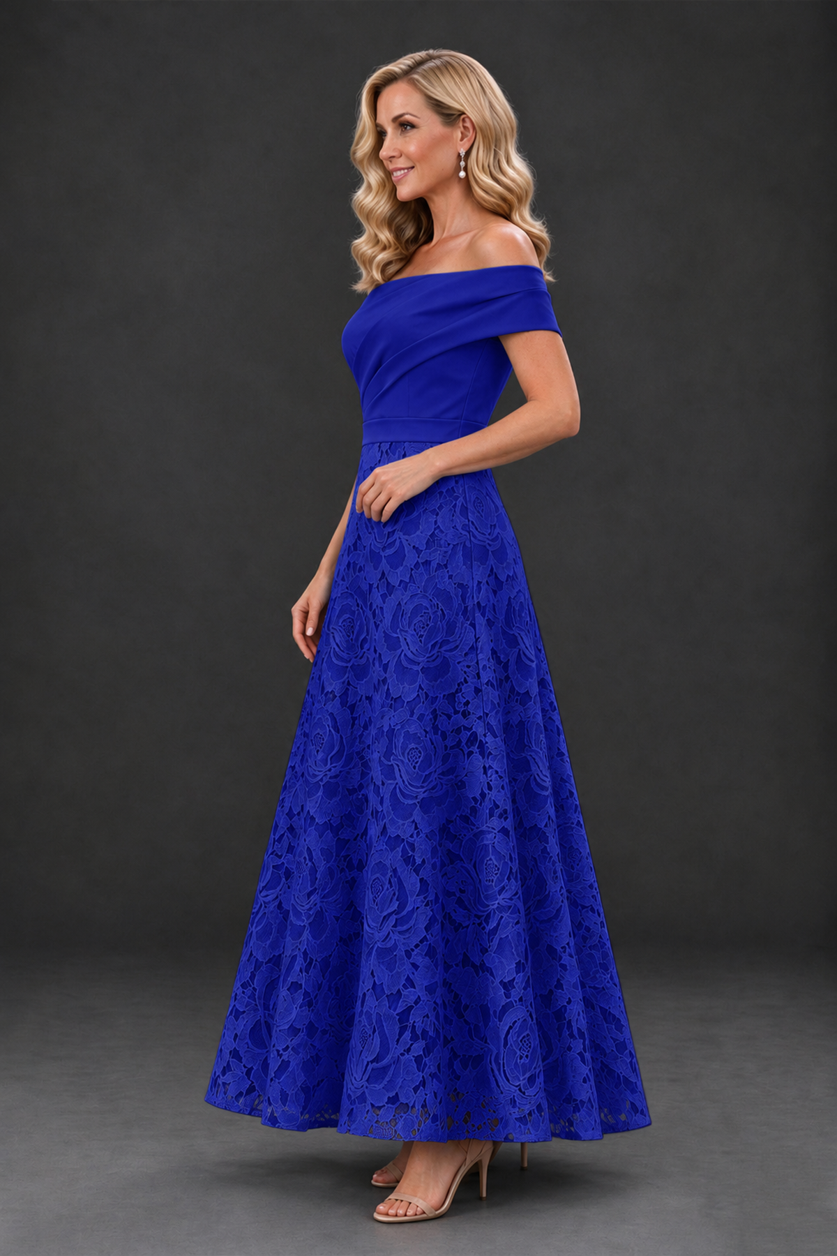BOLODOO Royal Blue Off-the-Shoulder Floral A-Line Mother of the Bride Dress - Royal Blue - Royal Blue_3
