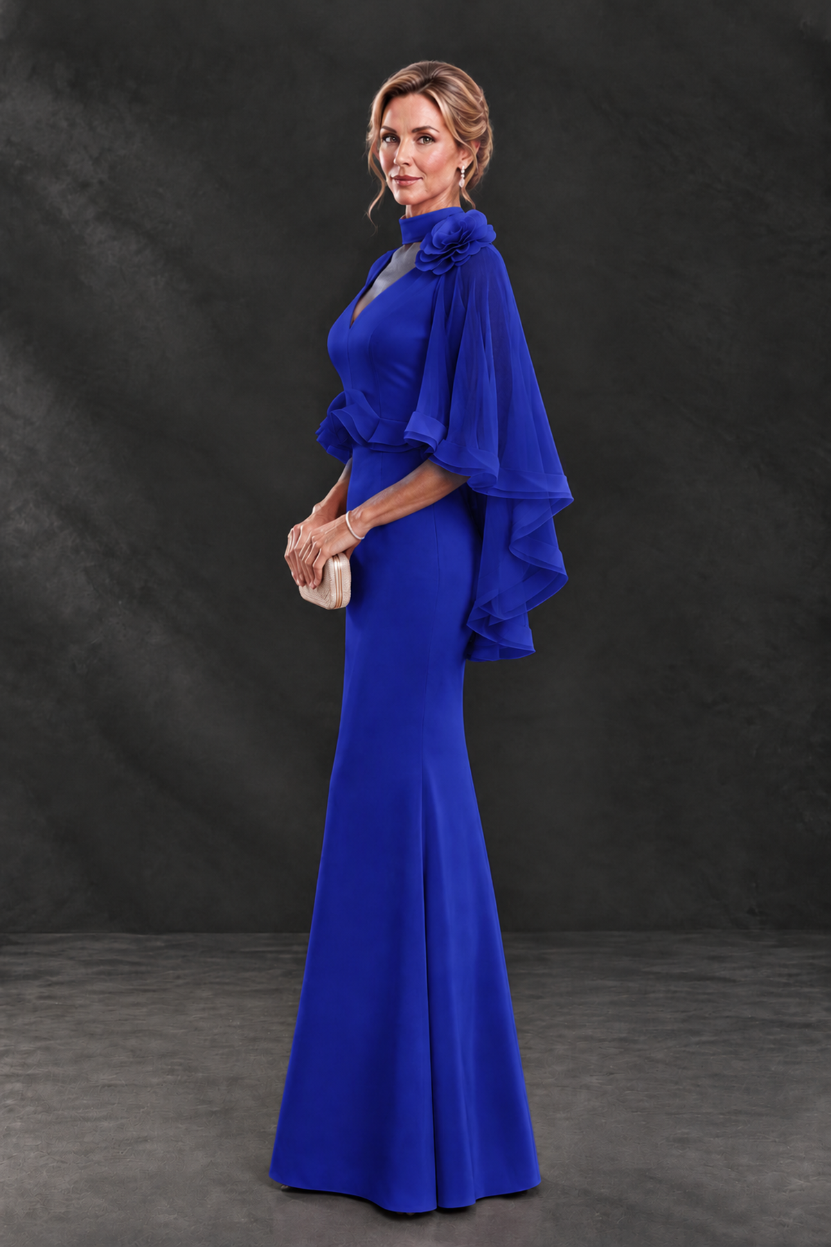 BOLODOO Royal Blue Floral Cape Sleeve Mother of the Bride Dress - Royal Blue - Royal_Blue_3