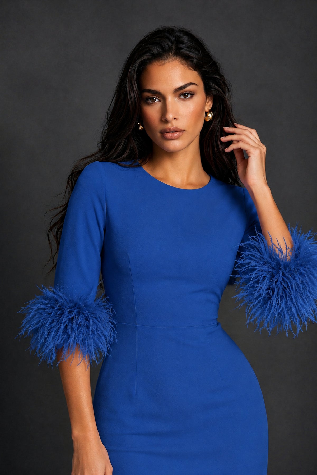 BOLODOO Royal Blue Ostrich Feather Cuff 3/4 Sleeve Round Neck Bodycon Midi Dress with Back Slit - Royal Blue