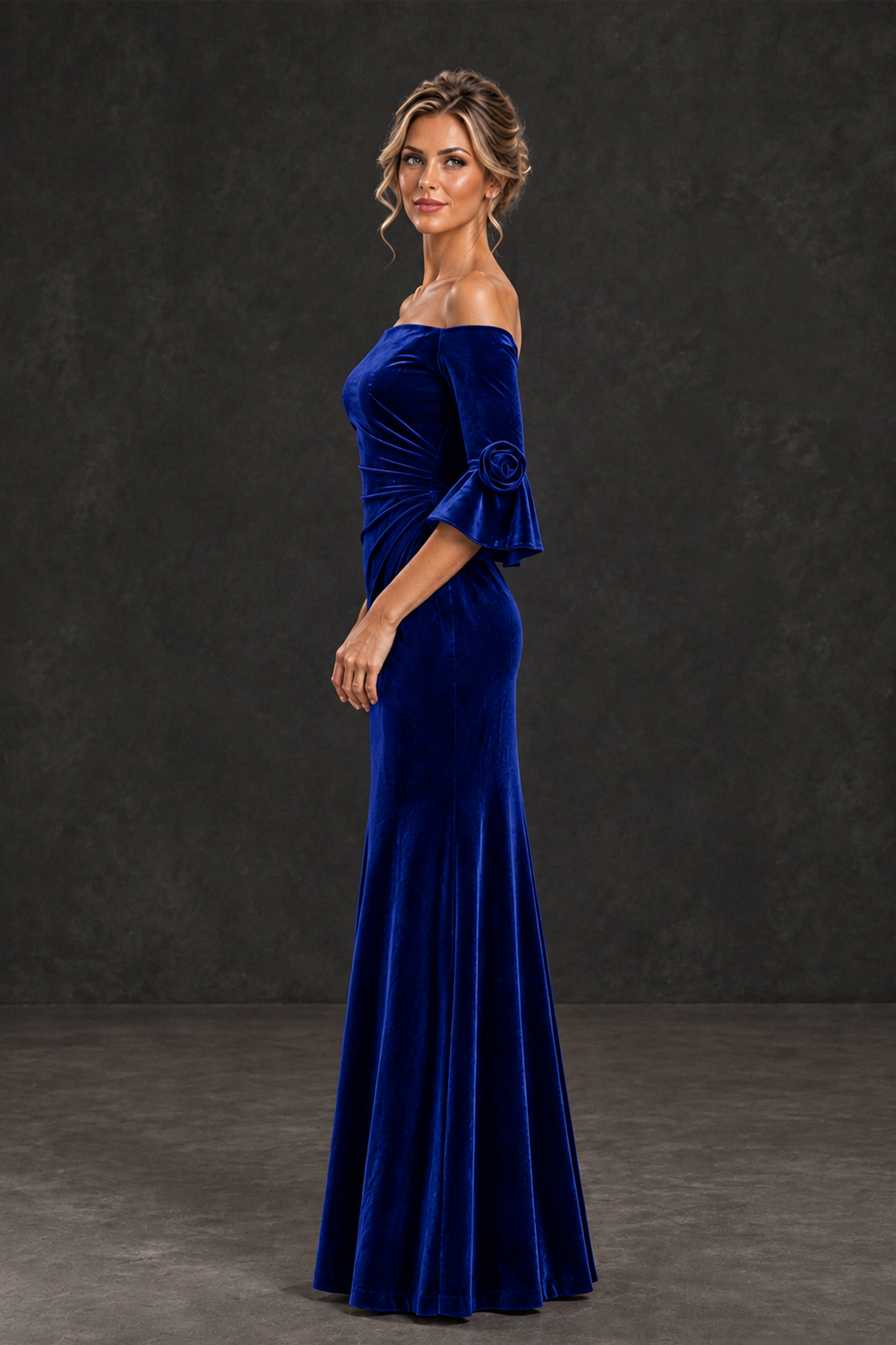 BOLODOO Royal Blue Velvet Off-Shoulder Mother of the Bride Dress – 3/4 Floral Cuff Sleeve Mermaid Evening Gown - Royal Blue - Royal Blue_3