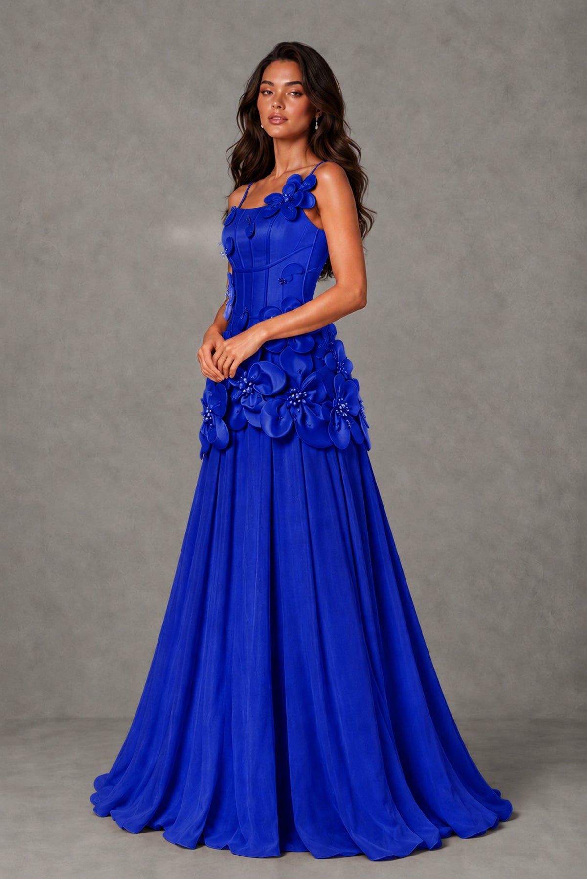 BOLODOO Royal Blue 3D Floral Appliqué Floor-Length A-Line Evening Gown - Royal Blue