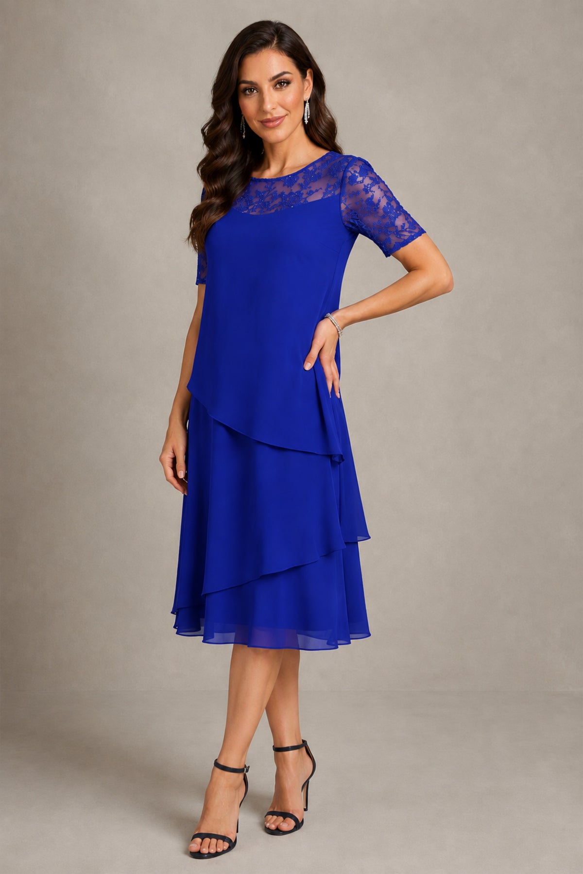 BOLODOO Royal Blue Illusion Lace Short Sleeve Tiered Chiffon Tea Length Dress | Mother of the Bride Midi Dress - Royal Blue
