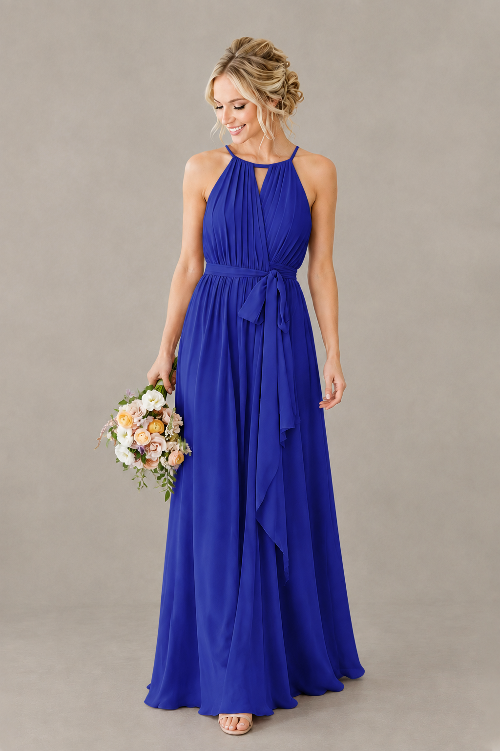 BOLODOO Royal Blue Halter Chiffon Bridesmaid Dress with High Slit - Royal Blue