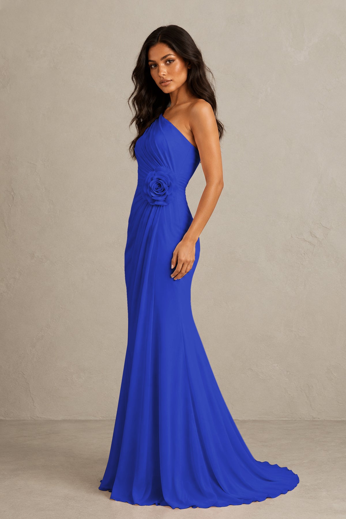 BOLODOO Royal Blue One-Shoulder Floral Ruched Maxi Dress - Royal Blue