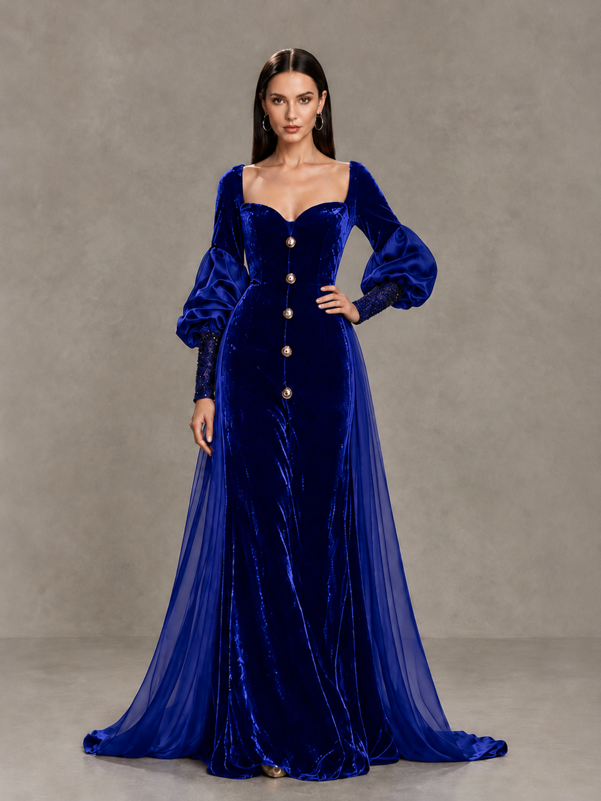 BOLODOO Royal Blue Velvet Long Sleeve Open-Back Evening Gown - Royal Blue - Royal Blue_4