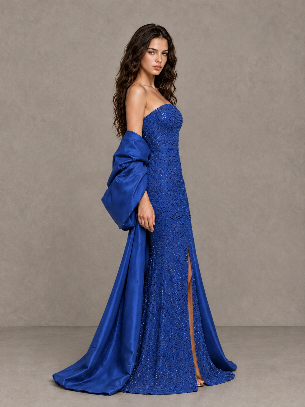 BOLODOO Royal Blue Strapless Sparkle Mermaid Prom Dress with Front Slit and Draped Sleeves - Royal Blue - Royal Blue_4