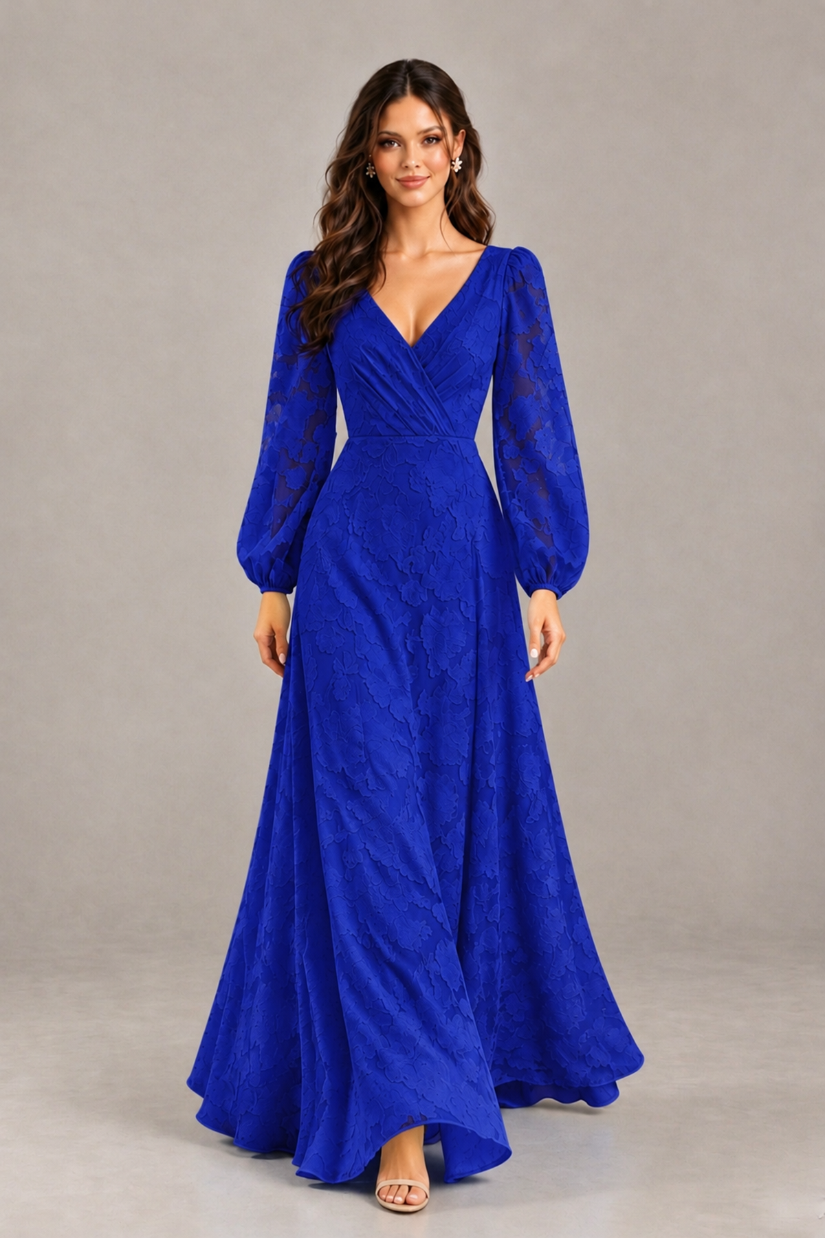 BOLODOO Royal Blue Long Sleeve V-Neck A-Line Mother of the Bride Dress - Royal Blue - Royal Blue_4