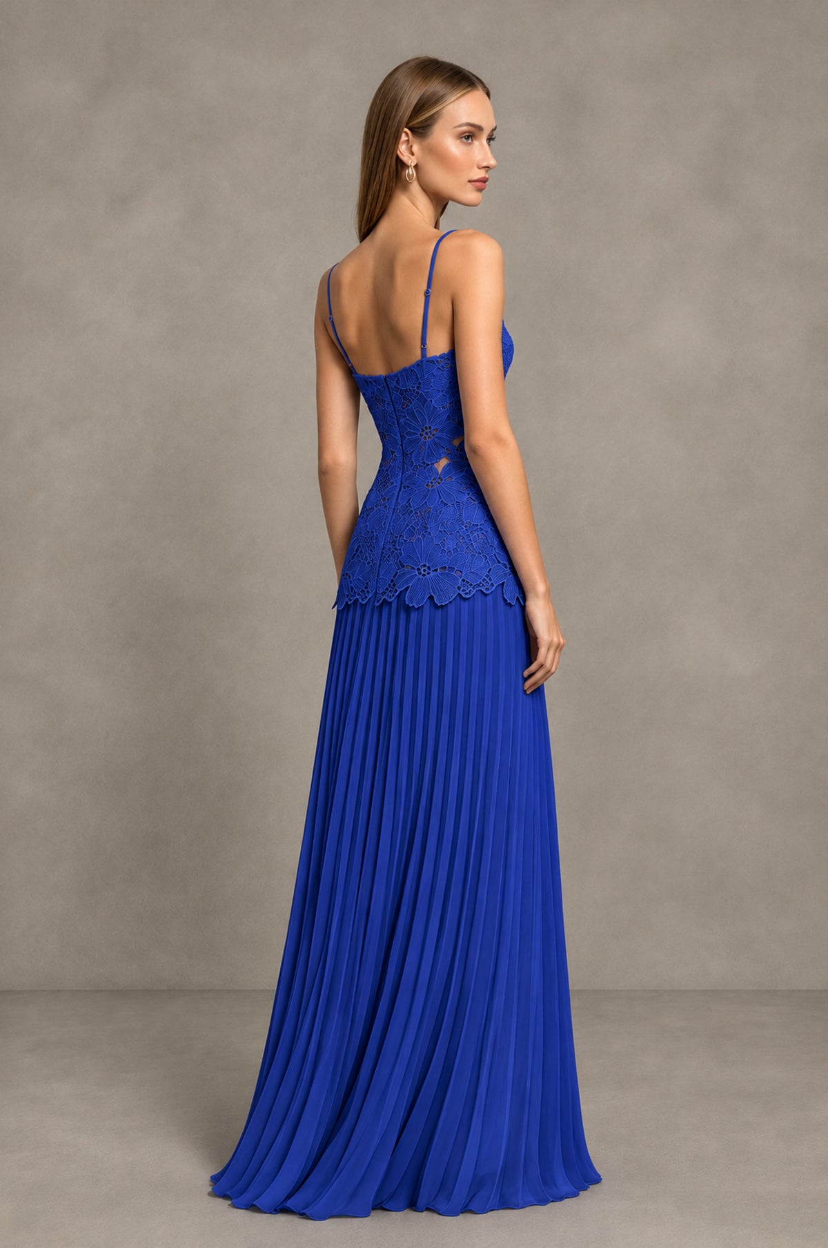 BOLODOO Royal Blue Lace Bodice Pleated Wedding Guest Dress - Royal Blue - Royal Blue_4