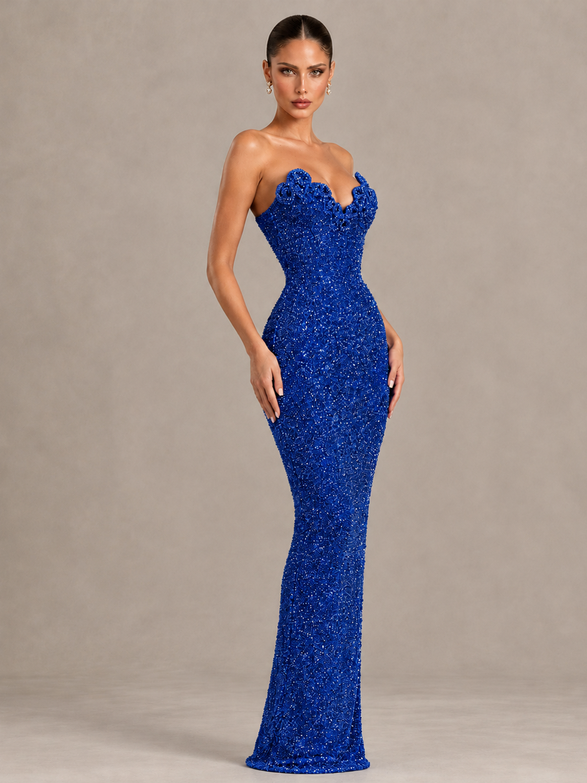 BOLODOO Royal Blue Strapless Sequin Evening Gown with Floral Neckline - Royal Blue - Royal Blue_4