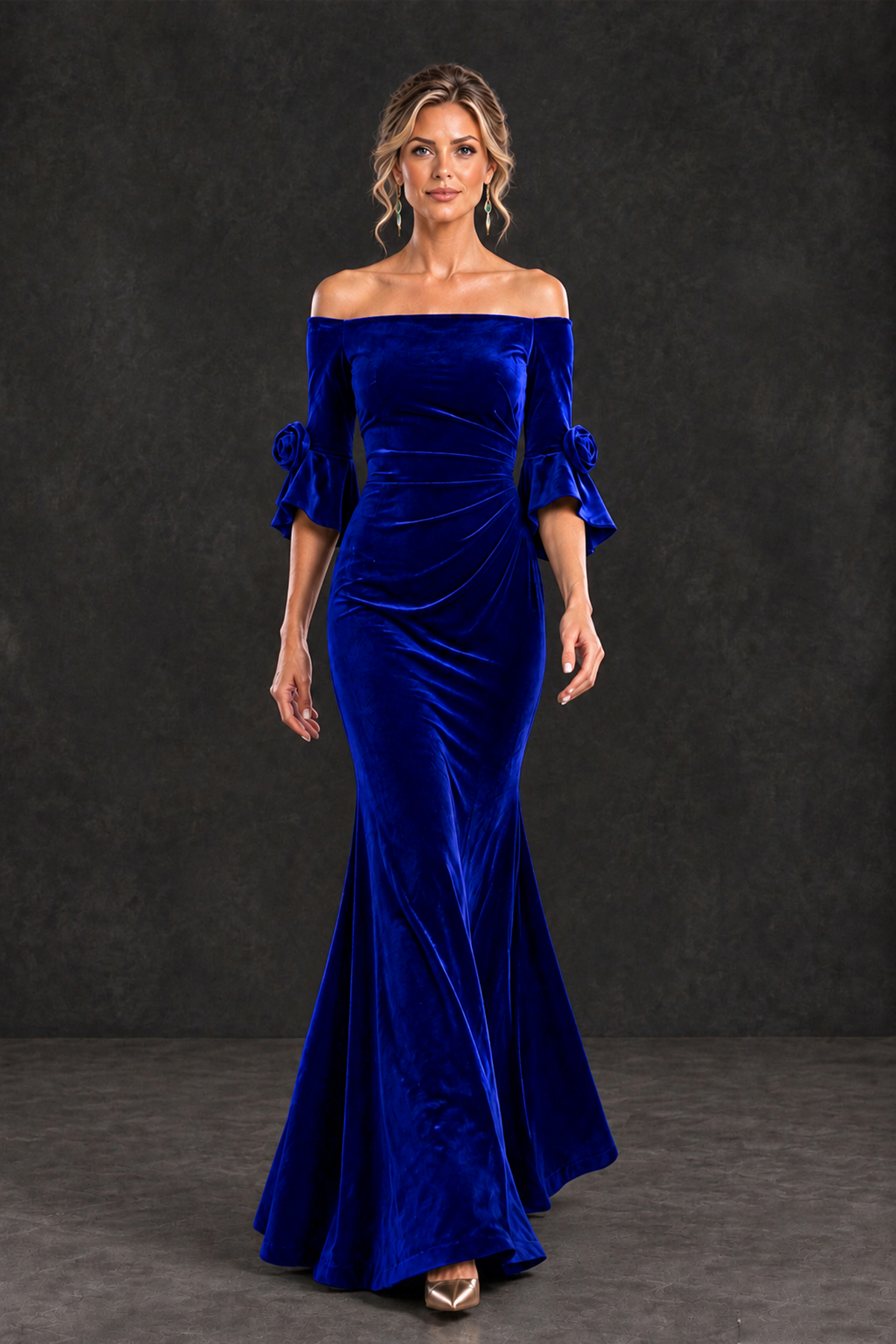 BOLODOO Royal Blue Velvet Off-Shoulder Mother of the Bride Dress – 3/4 Floral Cuff Sleeve Mermaid Evening Gown - Royal Blue - Royal Blue_4