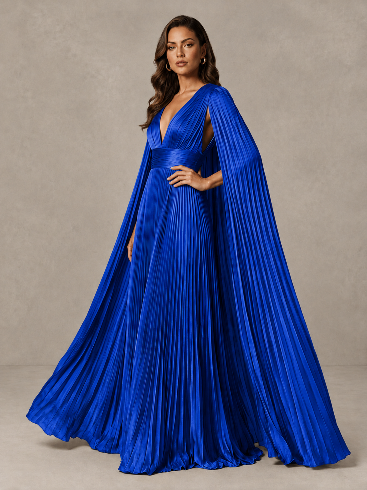BOLODOO Royal Blue Deep V-Neck Pleated Cape Sleeve Evening Gown - Royal Blue - Royal Blue_4