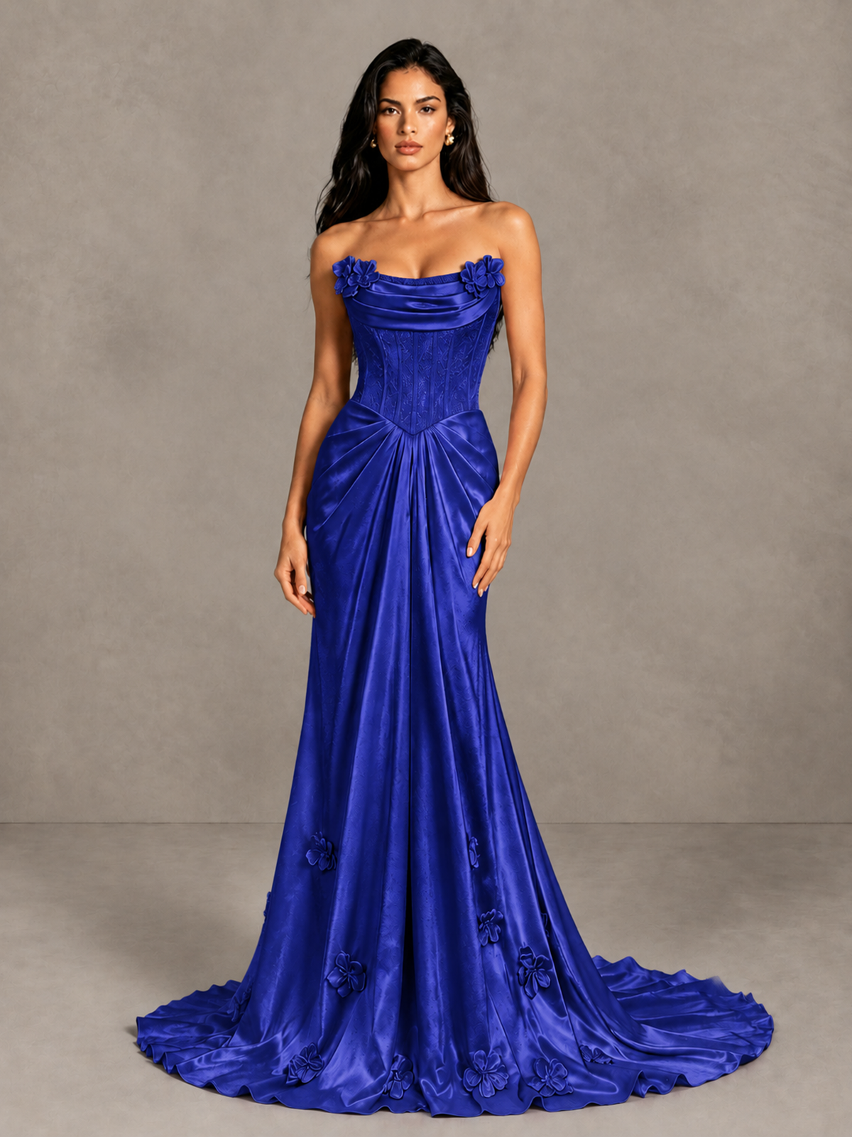 BOLODOO Royal Blue Strapless Floral Corset Evening Gown with Train - Royal Blue - Royal Blue_4