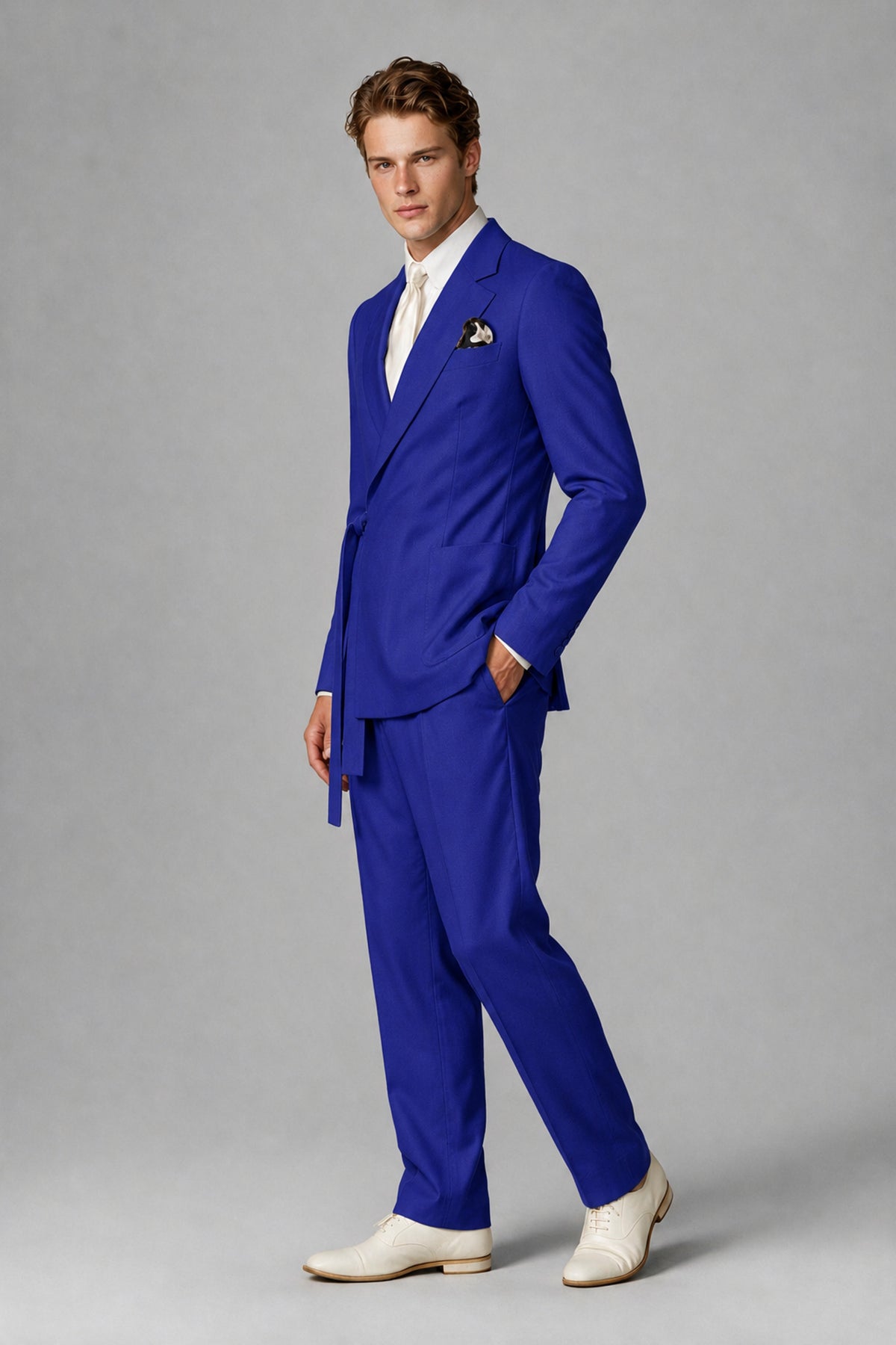 Bolodoo Men's Royal Blue Wrap Tie-Waist Two-Piece Suit – Jacket & Trousers - Royal Blue - Royal Blue_4