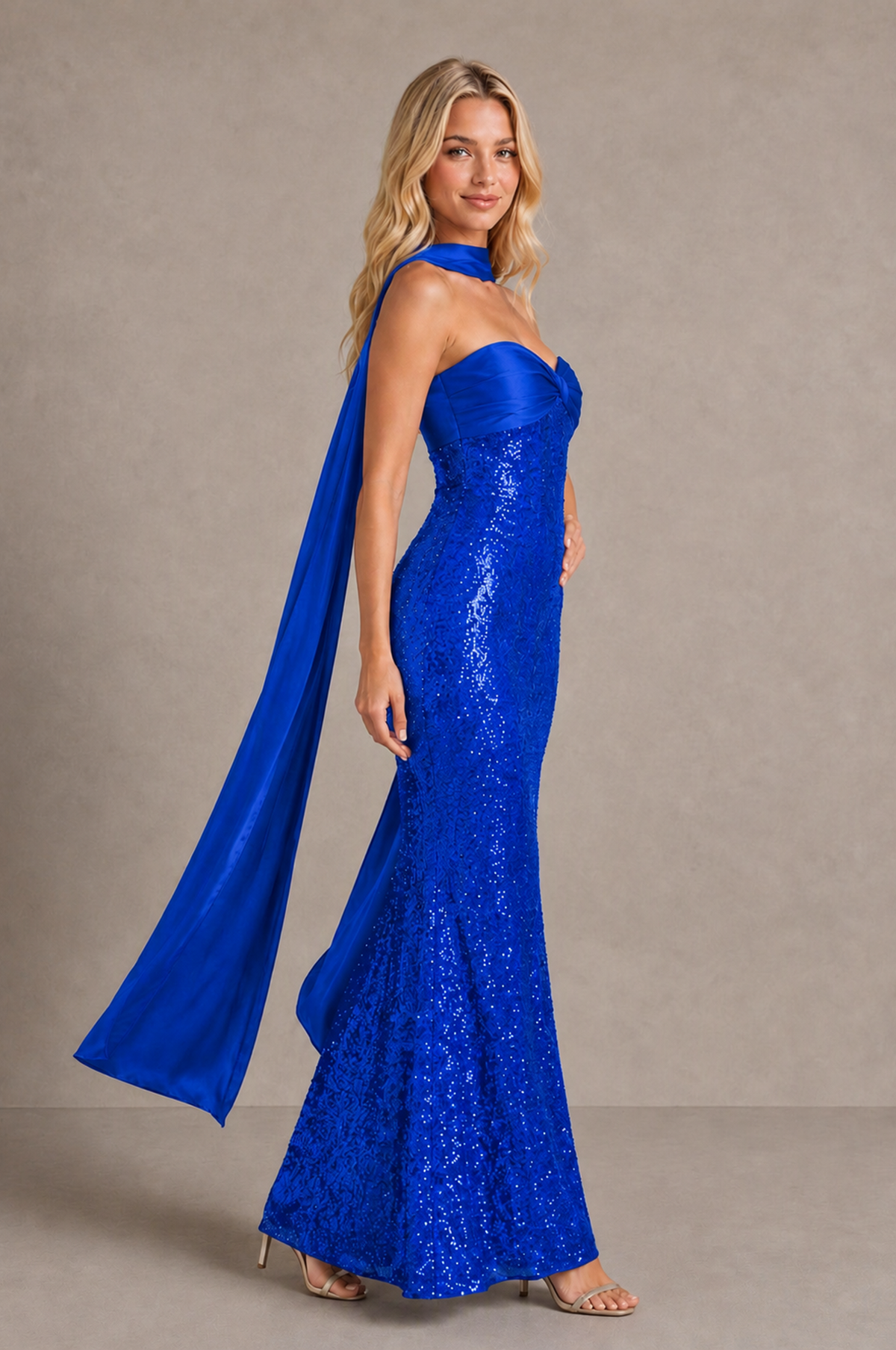 BOLODOO Royal Blue Strapless Sweetheart Evening Dress with Scarf - Royal Blue - Royal_Blue_4