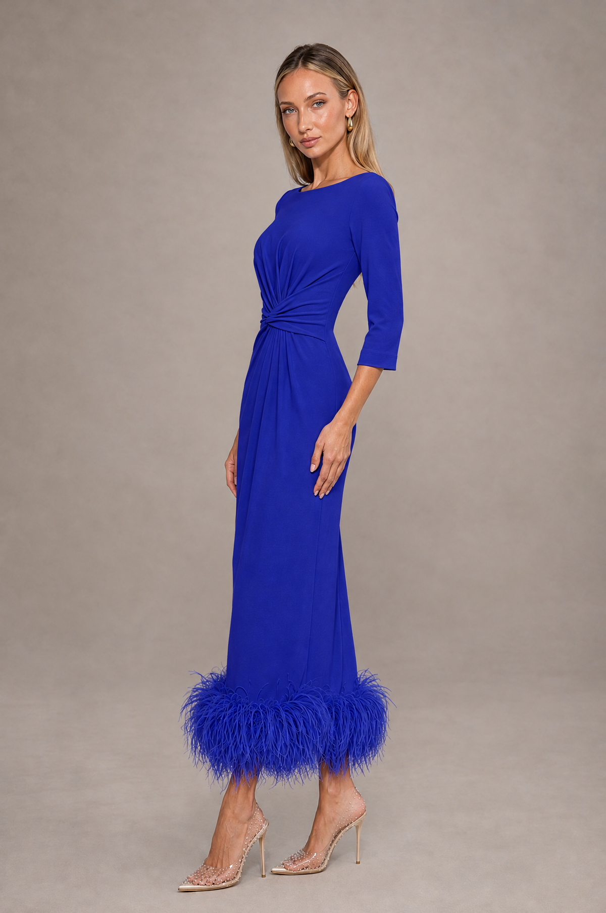 BOLODOO Royal Blue Feather-Trim Twist-Waist Midi Dress - Royal Blue - Royal_Blue_4