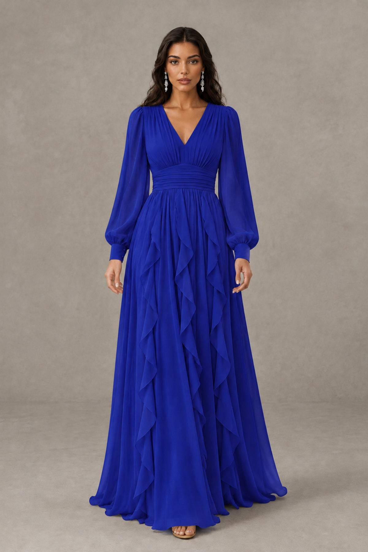 BOLODOO Royal Blue Long Sleeve V-Neck Ruffle Maxi Dress - Royal Blue